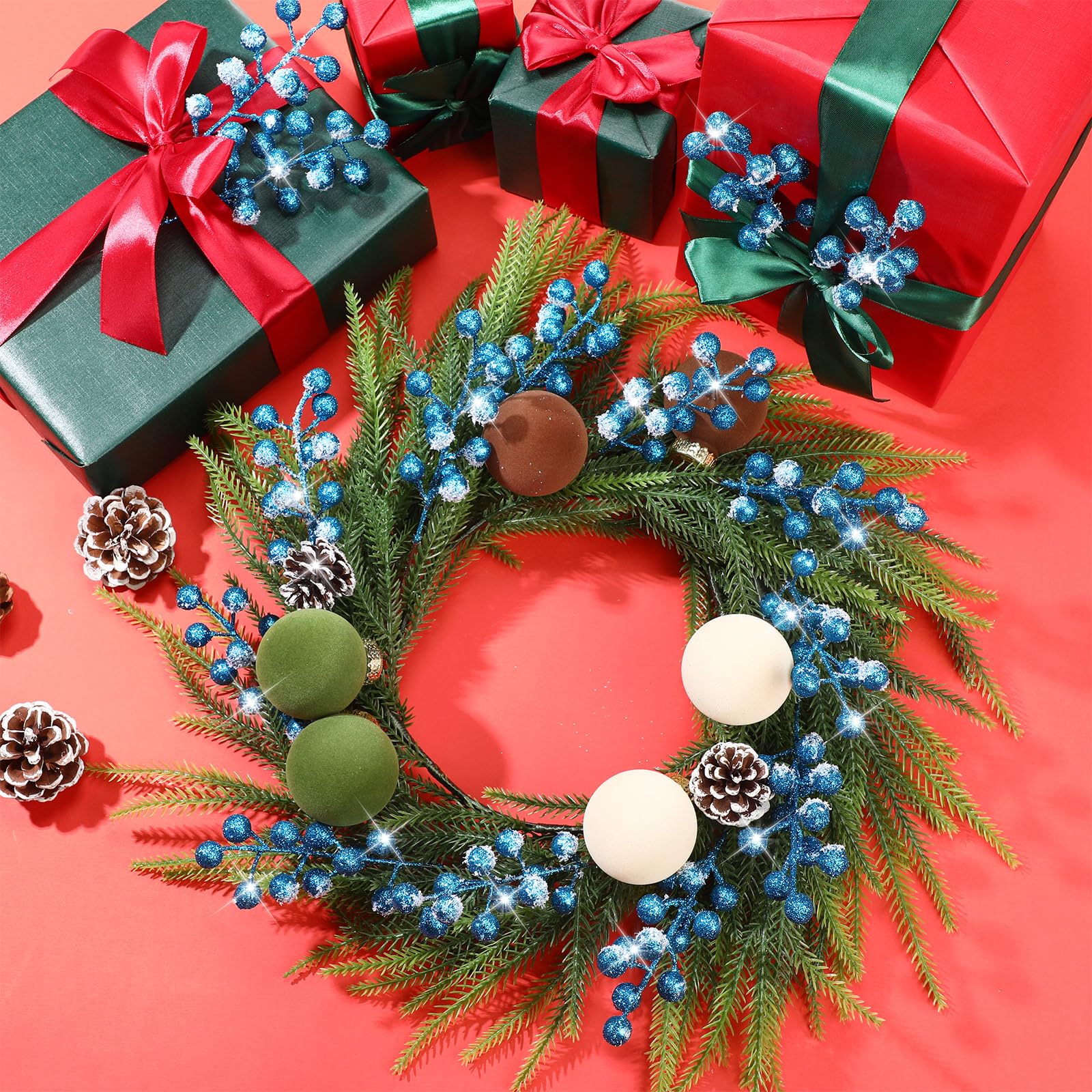 Geosar 30 Pieces Artificial Christmas Berry Picks with Snowflake Glitter Artificial Holly Berry Stems for Christmas Tree Ornamen