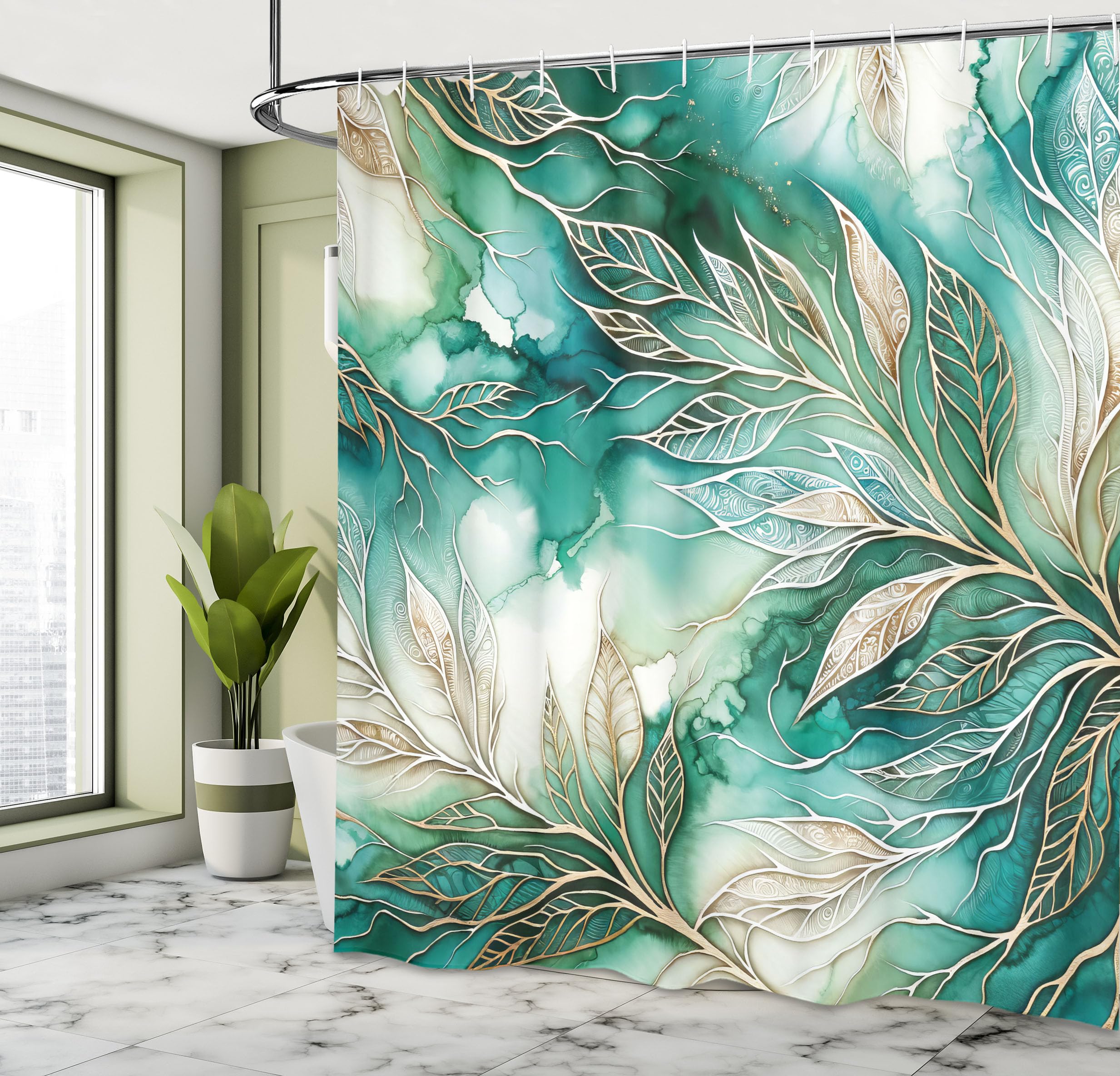 Ambesonne Teal Shower Curtain, Greenery Marble Print Look Atmosphere With Gold Yellow Tone Leafy Lines, Cloth Fabric Bathroom De