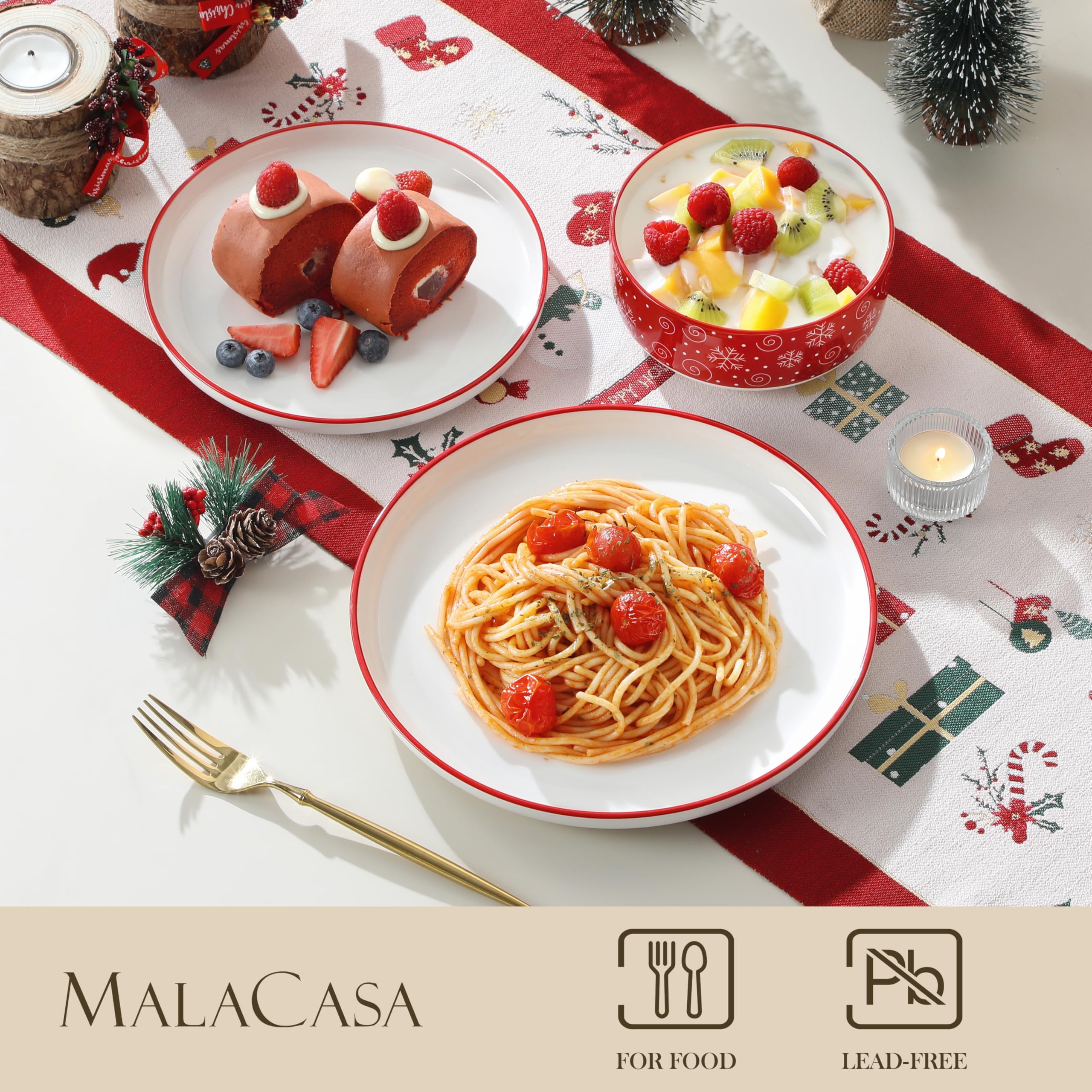 MALACASA Plates and Bowls Sets, 18 Pieces Christmas Porcelain Dinnerware Set for 6, Ceramic Dishware Dishes Kitchen Dining Ware