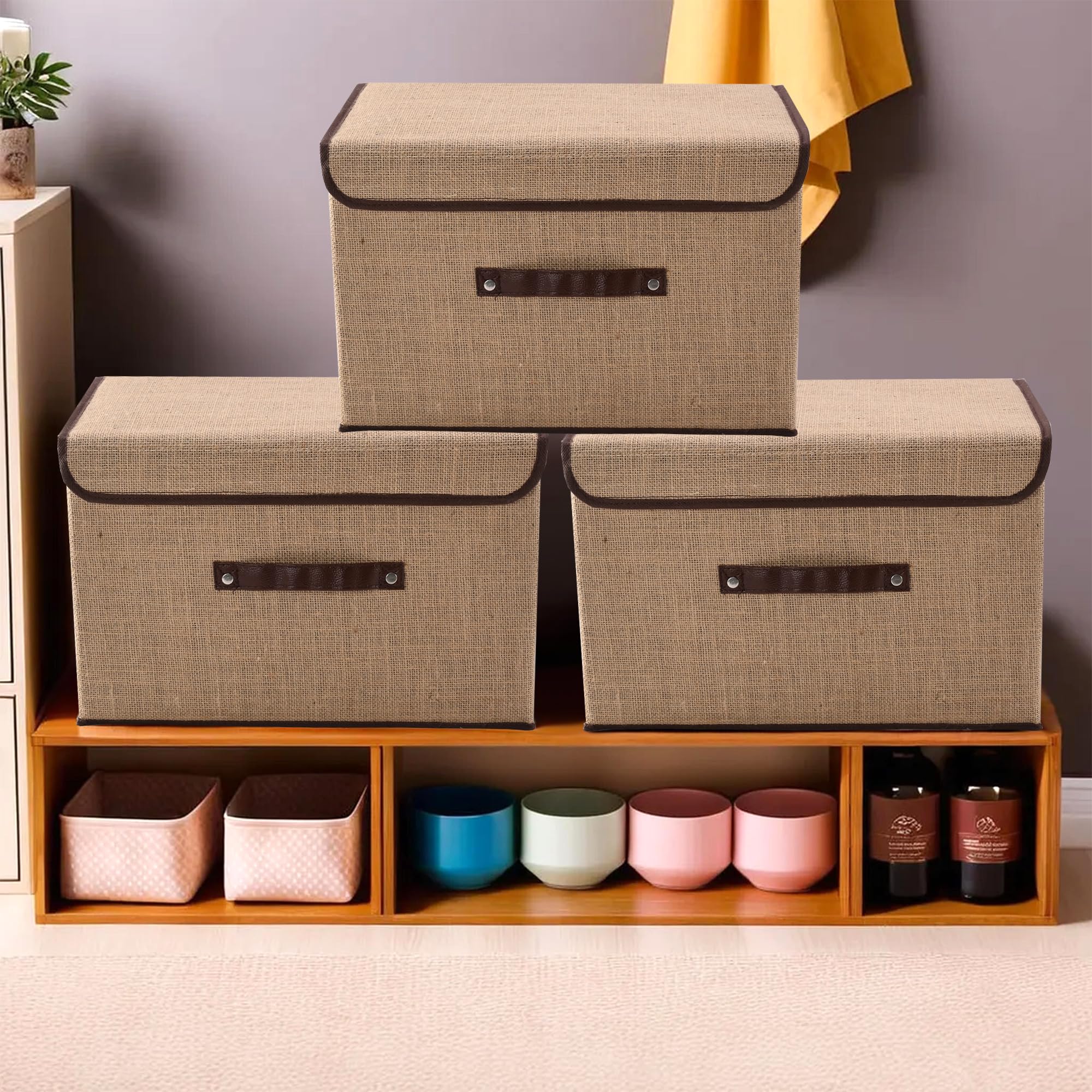 Kuber Industries Pack Of 3 Drawer Organizer (Large) Foldable Clothes Storage Box | Jute Fabric | Cloth Organizer | Cupboard Orga