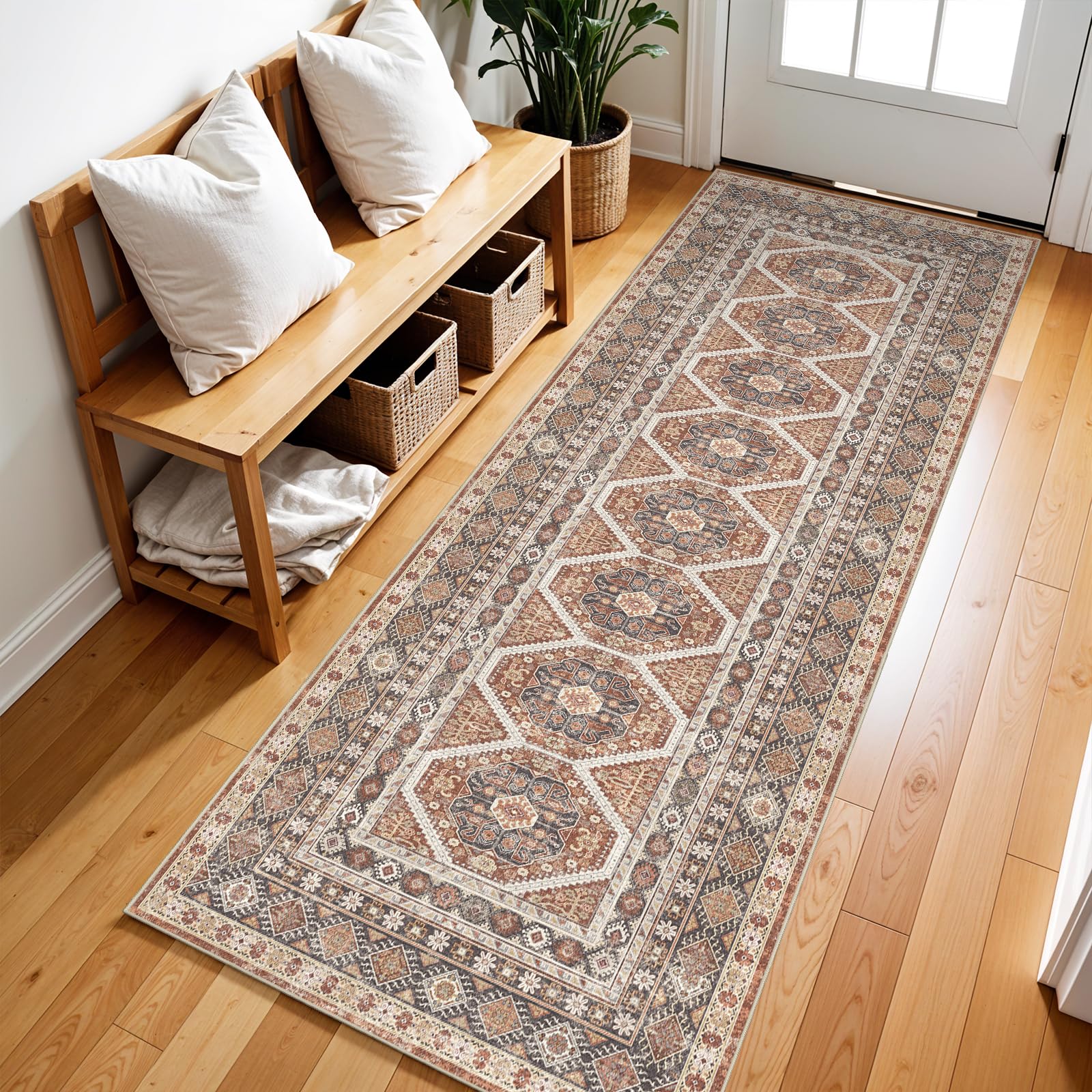 2x6 Runner Rug Kitchen Washable: Oriental Indoor Hallway Runners with Non Slip Backing Floor Mat for Entryway Door Low Pile Thin