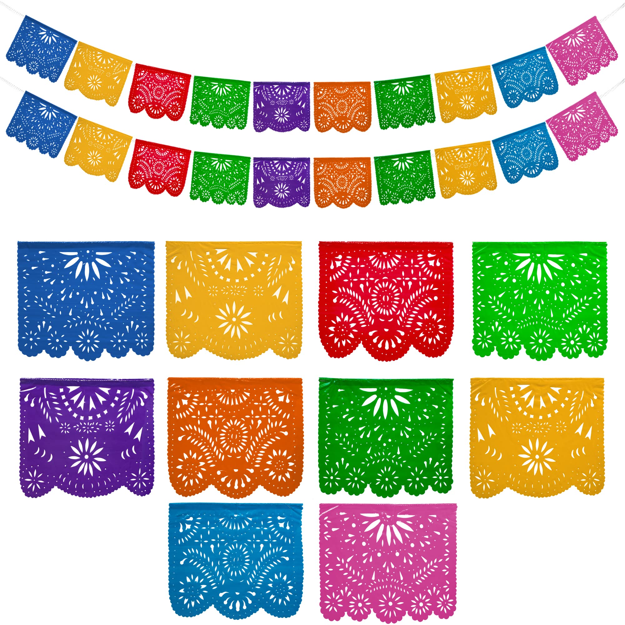 Mexican Party Banners (2 Pack with 10 Plastic Flags per Banner) - Papel Picado Mexicano para Fiesta - Plastic Papel Picado - Fie
