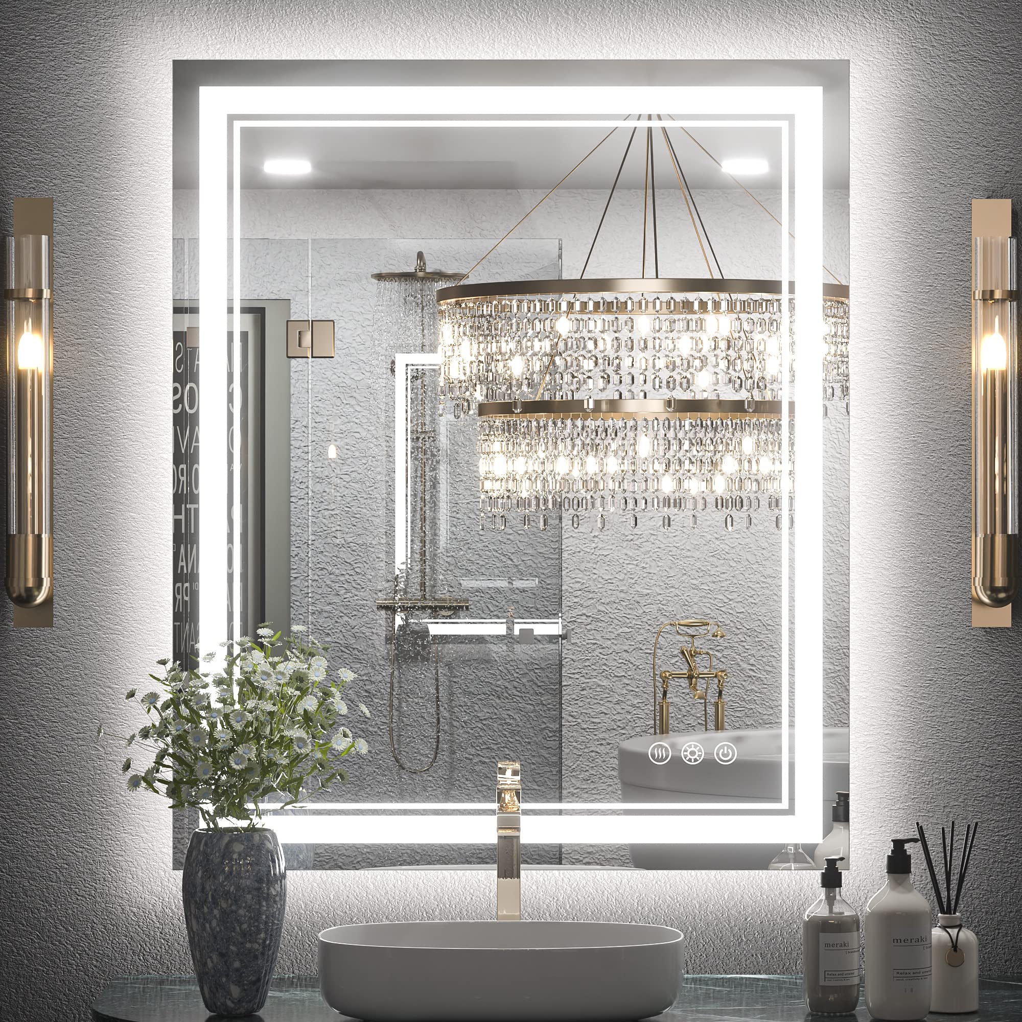 Keonjinn Led Bathroom Mirror 30 X 36 Inch With Front And Back Light, Stepless 3 Colors Temperature & Dimmable Backlit Mirror, Ul