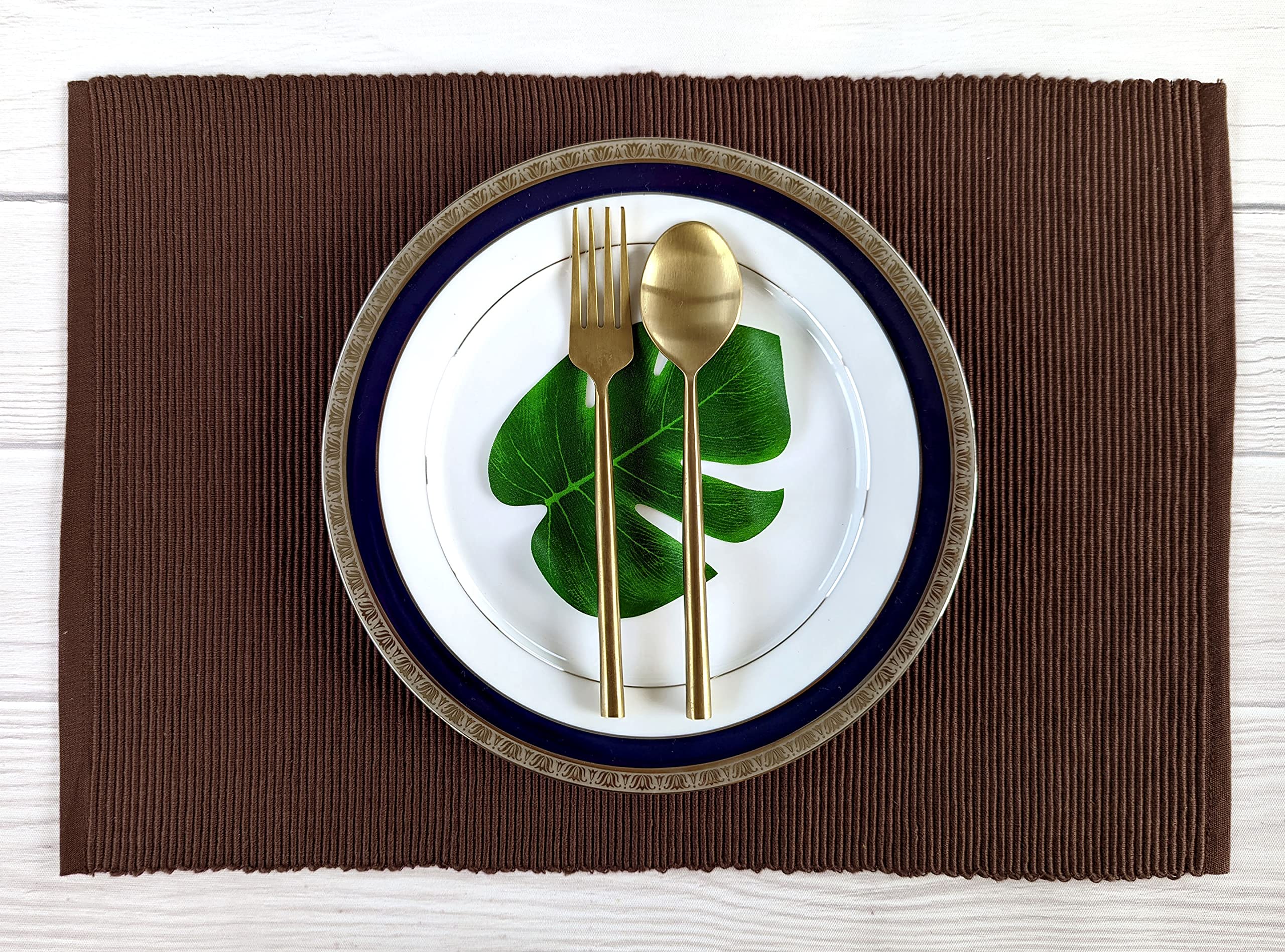 Avka Studio 100% Cotton Ribbed Placemats - Set Of 6-13 X 19 Inches - Brown - Everyday/Thanksgiving/Fall Cloth Table Mats - Thick