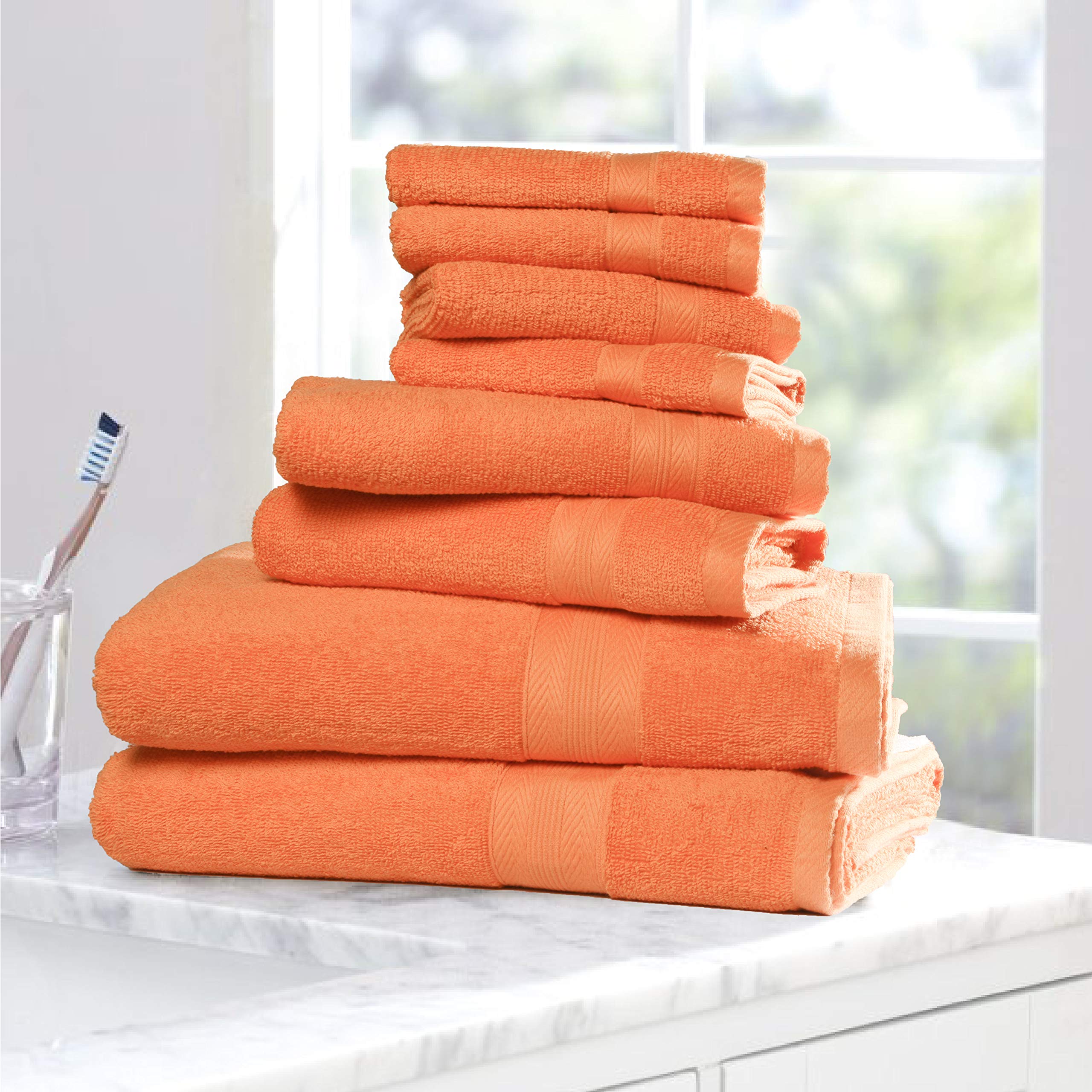 BOUTIQUO 8 Piece Towel Set 100% Ring Spun Cotton  2 Bath Towels 27x54  2 Hand Towels 16x28 and 4 Washcloths 13x13 - Ultra Soft Highly Absorbent Machine Washable Hotel Spa Quality - Orange