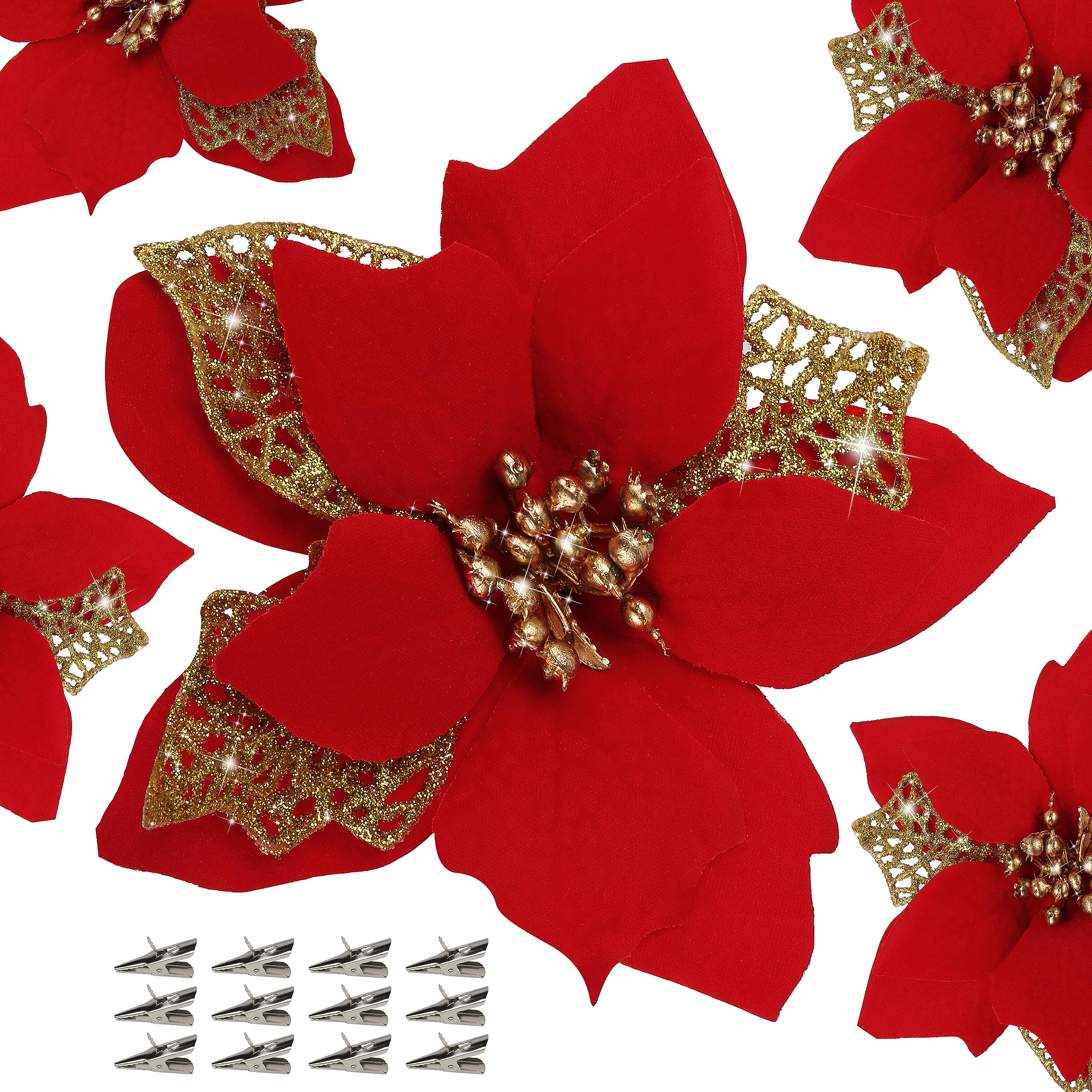 12 PCS Poinsettia Flower Artificial Poinsettia Christmas Decoration 5.9 Red Glitter Poinsettias Christmas Ornaments Christmas 