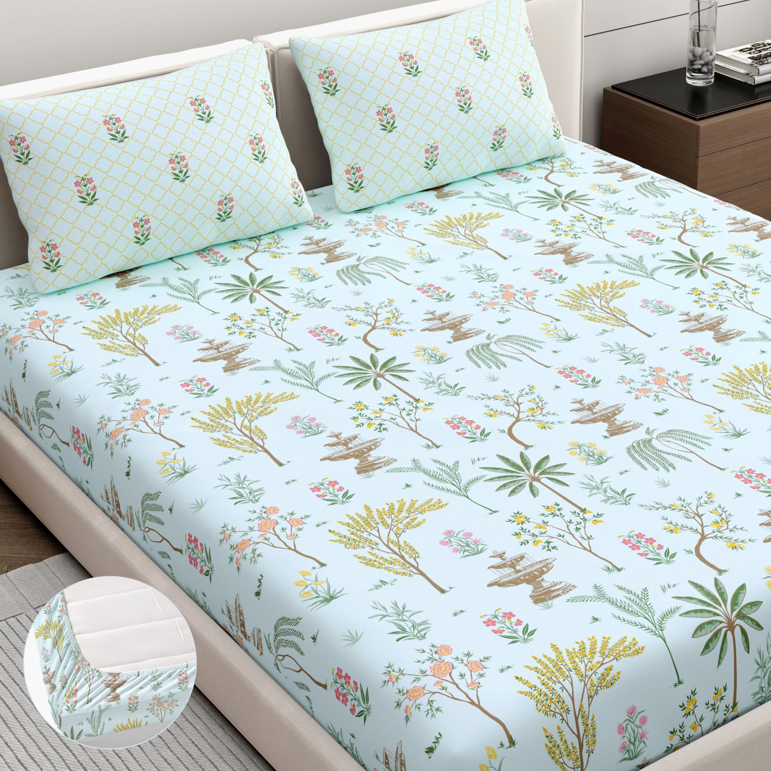 Dreamscape 100% Cotton King Fitted Floral Bedsheet With 2 Pillow Covers  (Size 72 x 78 inches, 200 TC, Colour  Sea Green: Mint