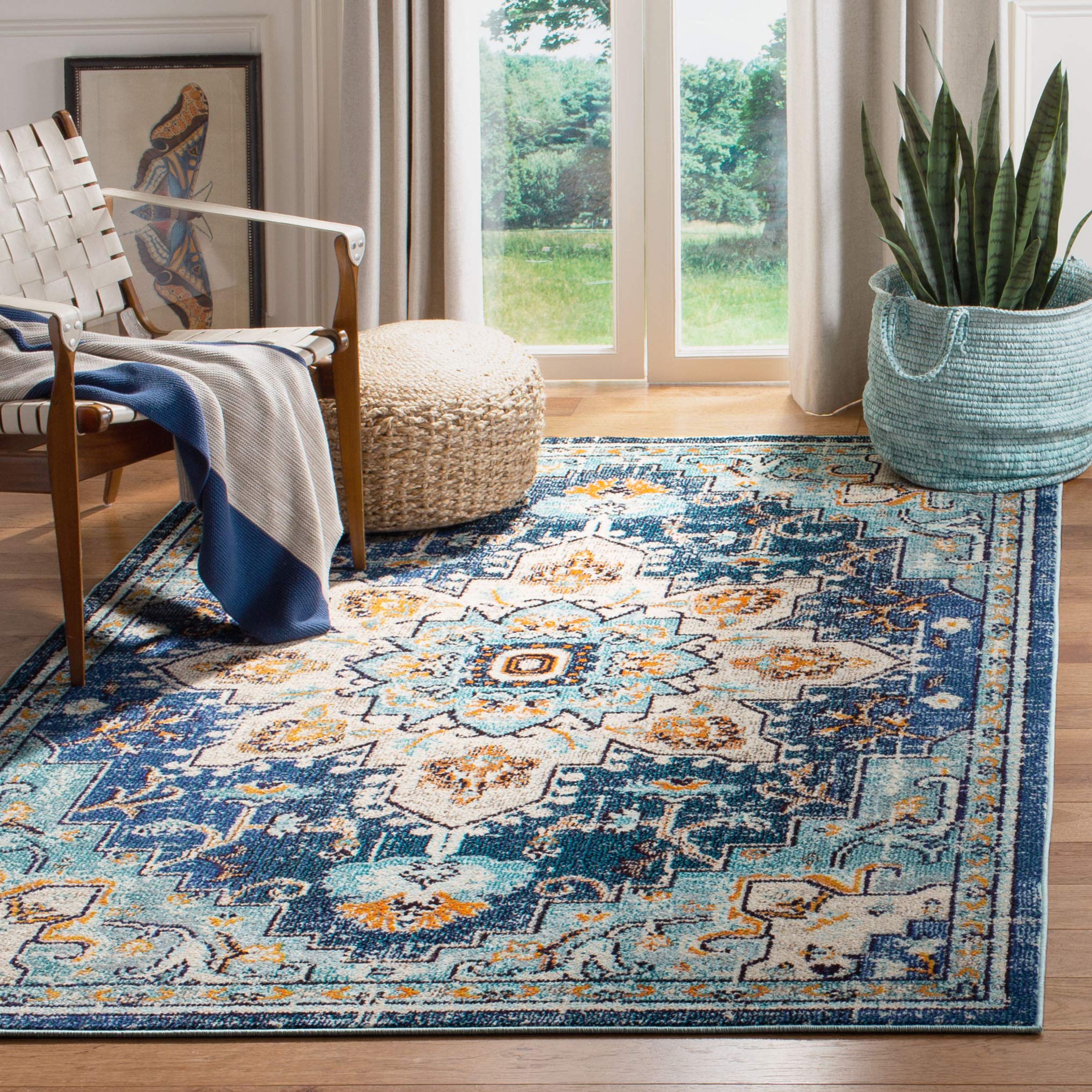SAFAVIEH Madison Collection Accent Rug - 3 x 5, Blue & Light Blue, Medallion Distressed Design, Non-Shedding & Easy Care, Idea