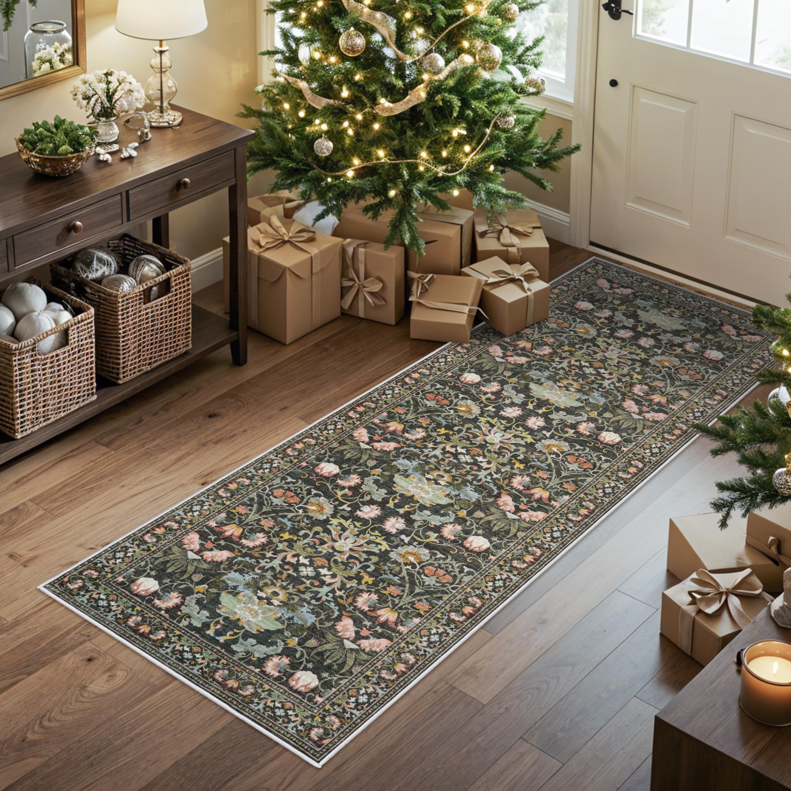 Hallway 2x5 Washable Runner Rug: Oriental Floral Stain Resistant Rug for Entryway Kitchen Farmhouse Soft Carpet for Bathroom Bed
