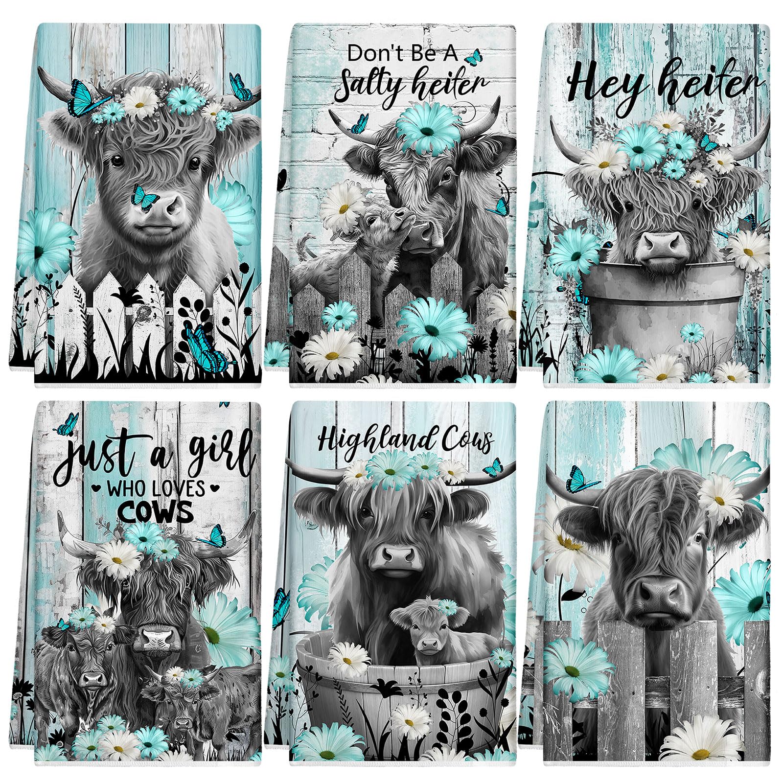 Breling Set of 6 Highland Cattle Kitchen Towels Highland Cow Vintage Themed Dish Towel Bathroom Decorative Rustic Cloths for Kit