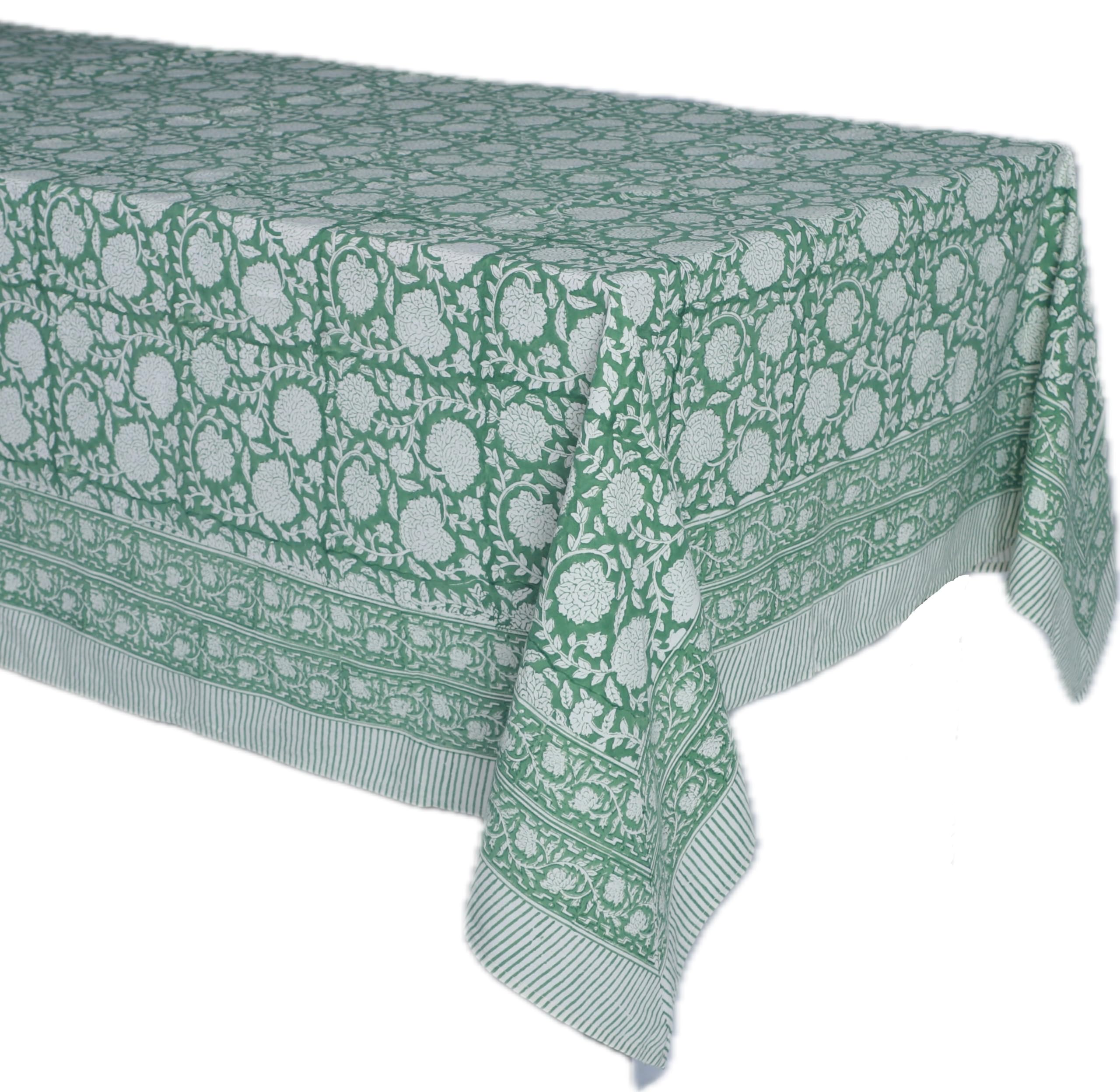 ATOSII Shalimar Green 100% Cotton Square Fall Tablecloth, Handblock Floral Table Cloth Linen for Kitchen Dining I Parties Weddin