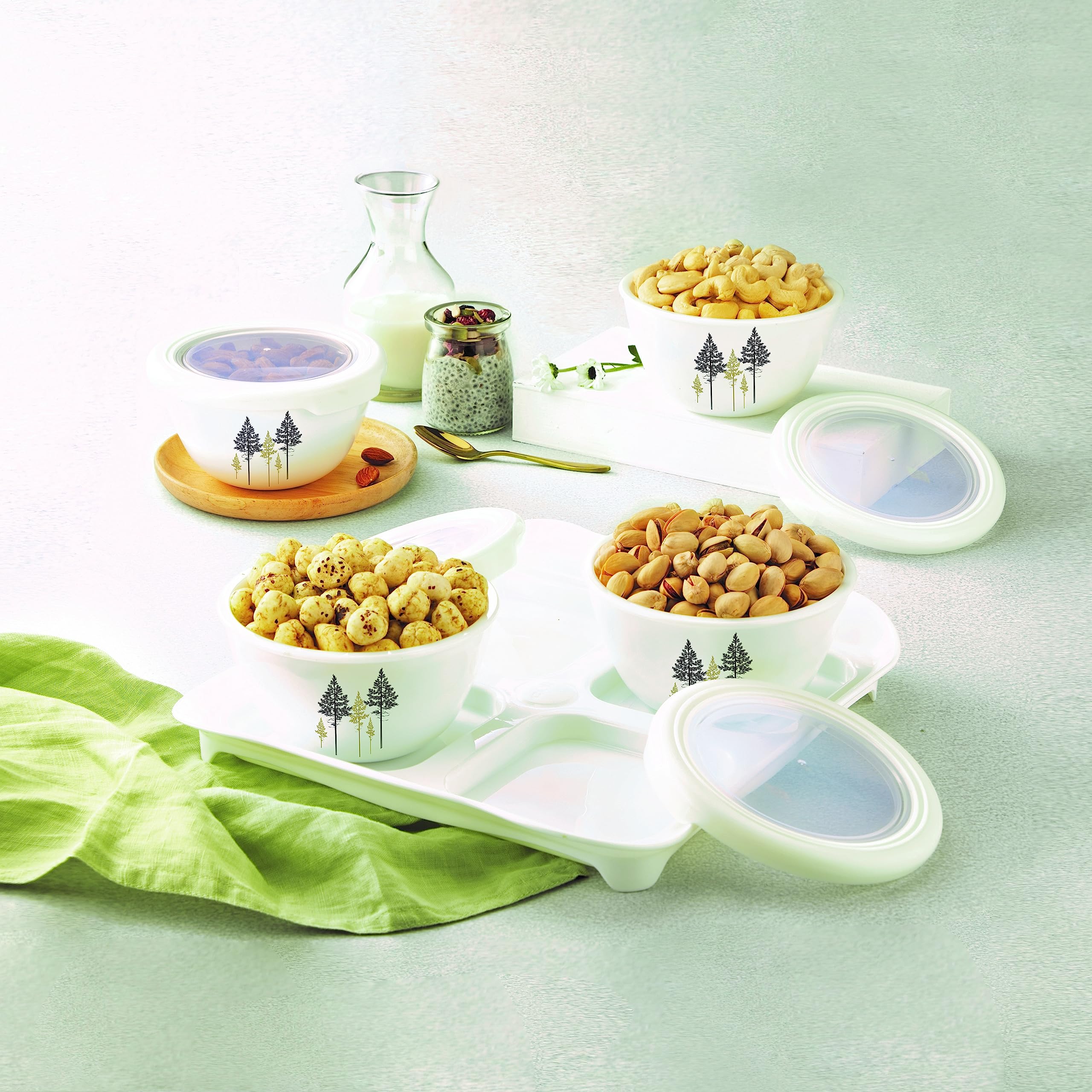 Cello Tiffany Golden Pine Dry Fruit Set | Set Of 4 | Serving Bowl | Serving Tray | Containers With Lid | 500Ml, White