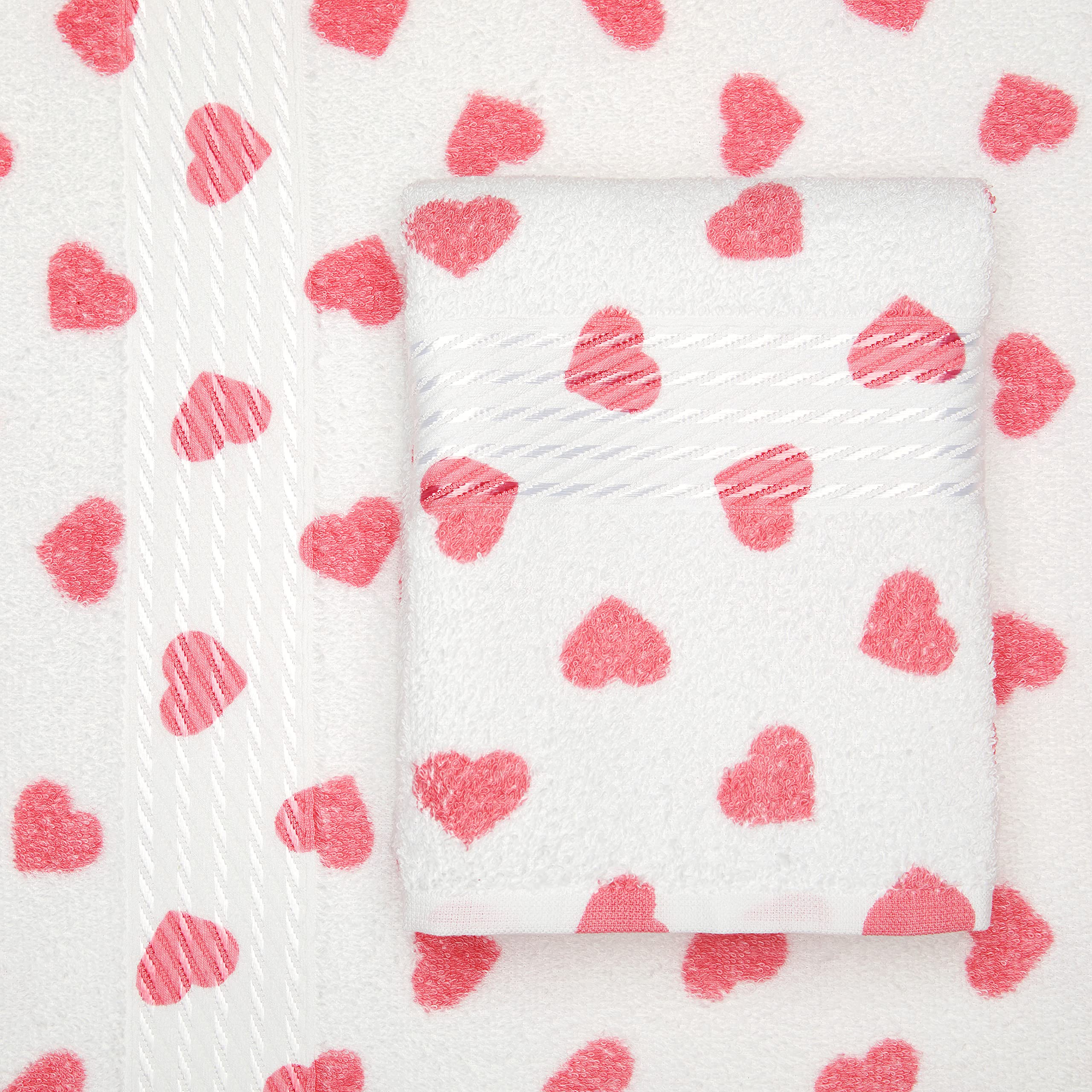 Cackleberry Home Hearts All Over Bathroom Cotton Terry Hand Towels 20 W X 30 L Inches, Set Of 2 (Pink)