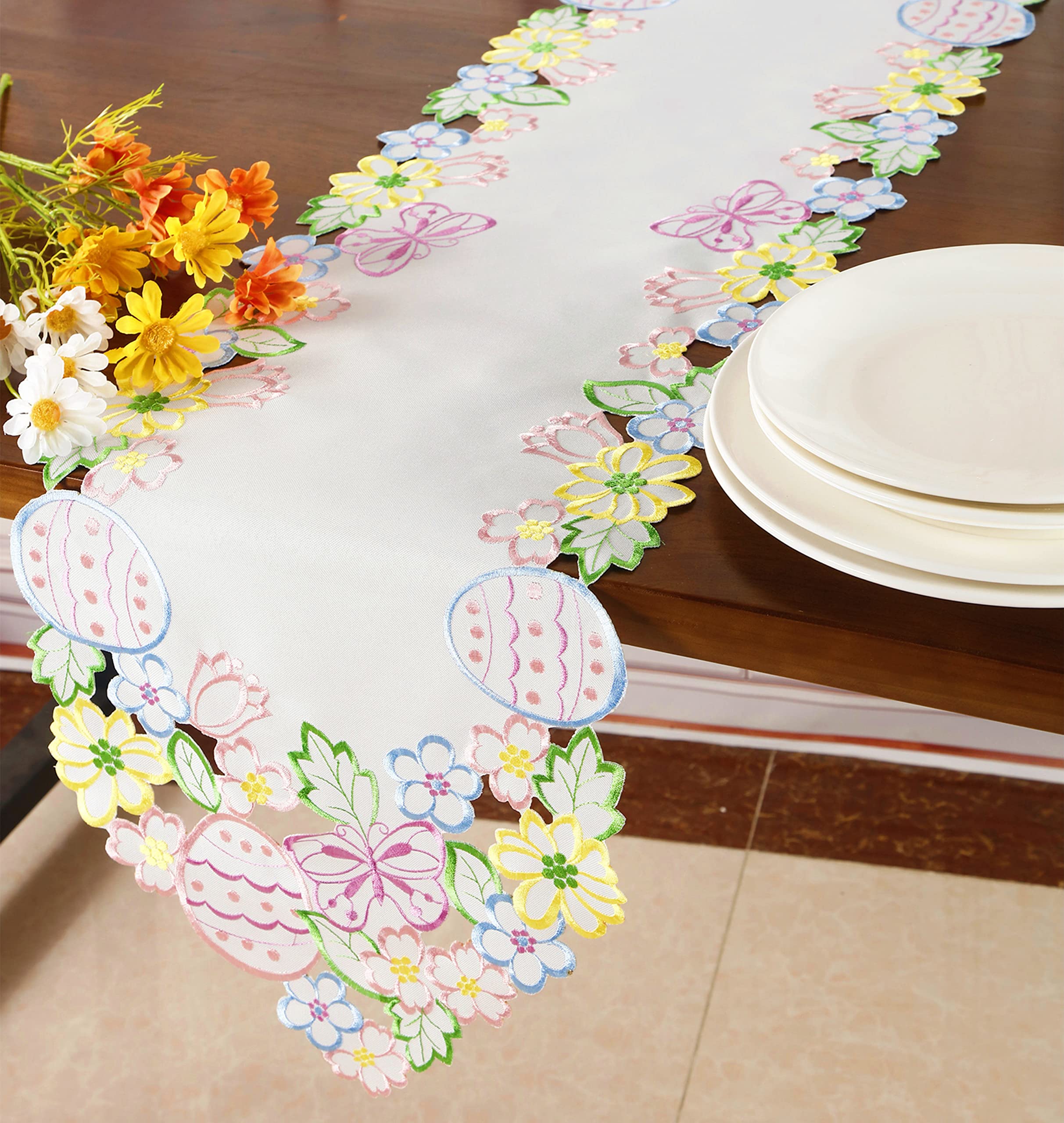 Easter Spring Table Runner Cutwork Embroidered Floral And Eggs Butterflies Dresser Scarf Table Topper Home Kitchen Dining Tablet