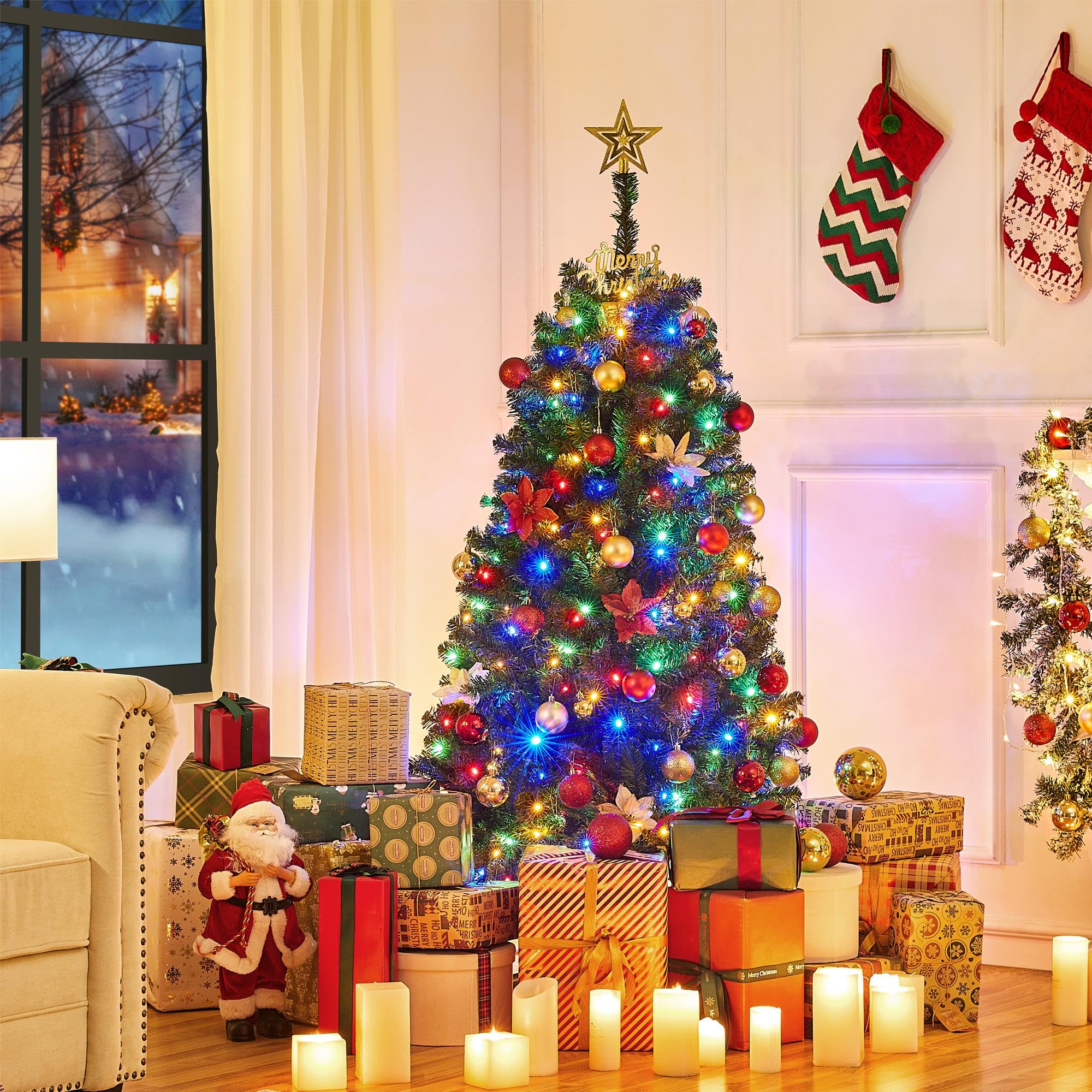 Yaheetech 4.5ft Pre-lit Spruce Artificial Christmas Tree Hinges Tree with 150 Multicolor LED Lights & 324 Branch Tips & Metal St