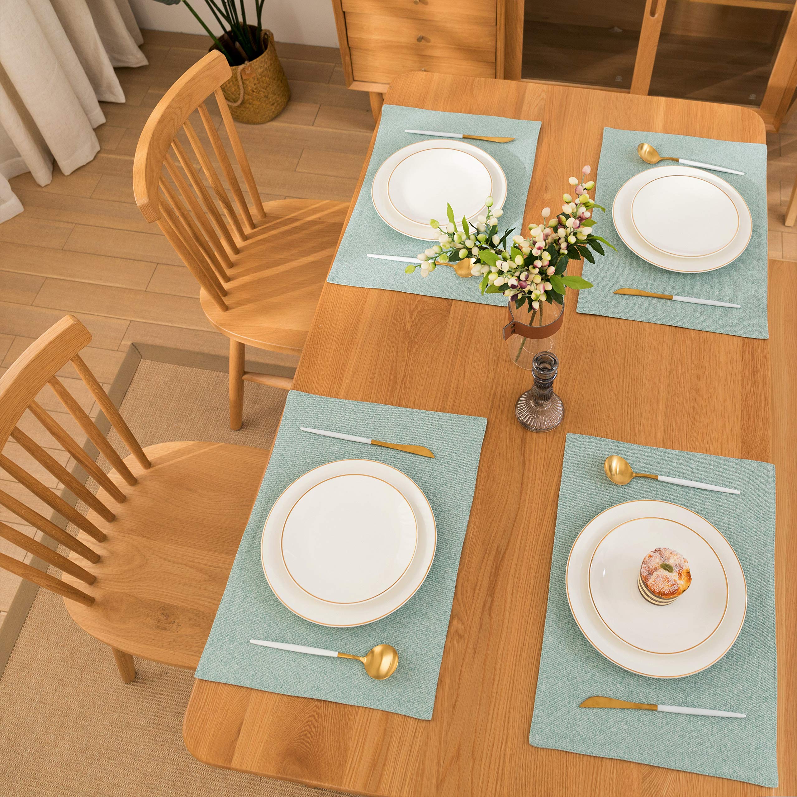 Teal Fabric Placemats Set Of 6 - Spring Garden Home Farmhouse Thick Indoor Washable Table Mats For Kitchen/Dining, 13 X 19 Inch