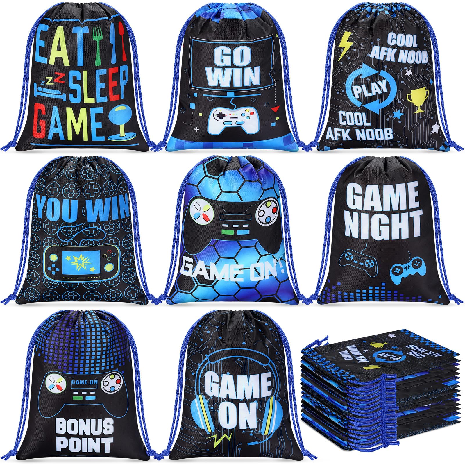 Faccito 16 Pieces Video Game Party Favors Bags 7 x 9.8 Inch Gaming Party Drawstring Bags Bulk Game Theme Goodie Candy Treat Gift