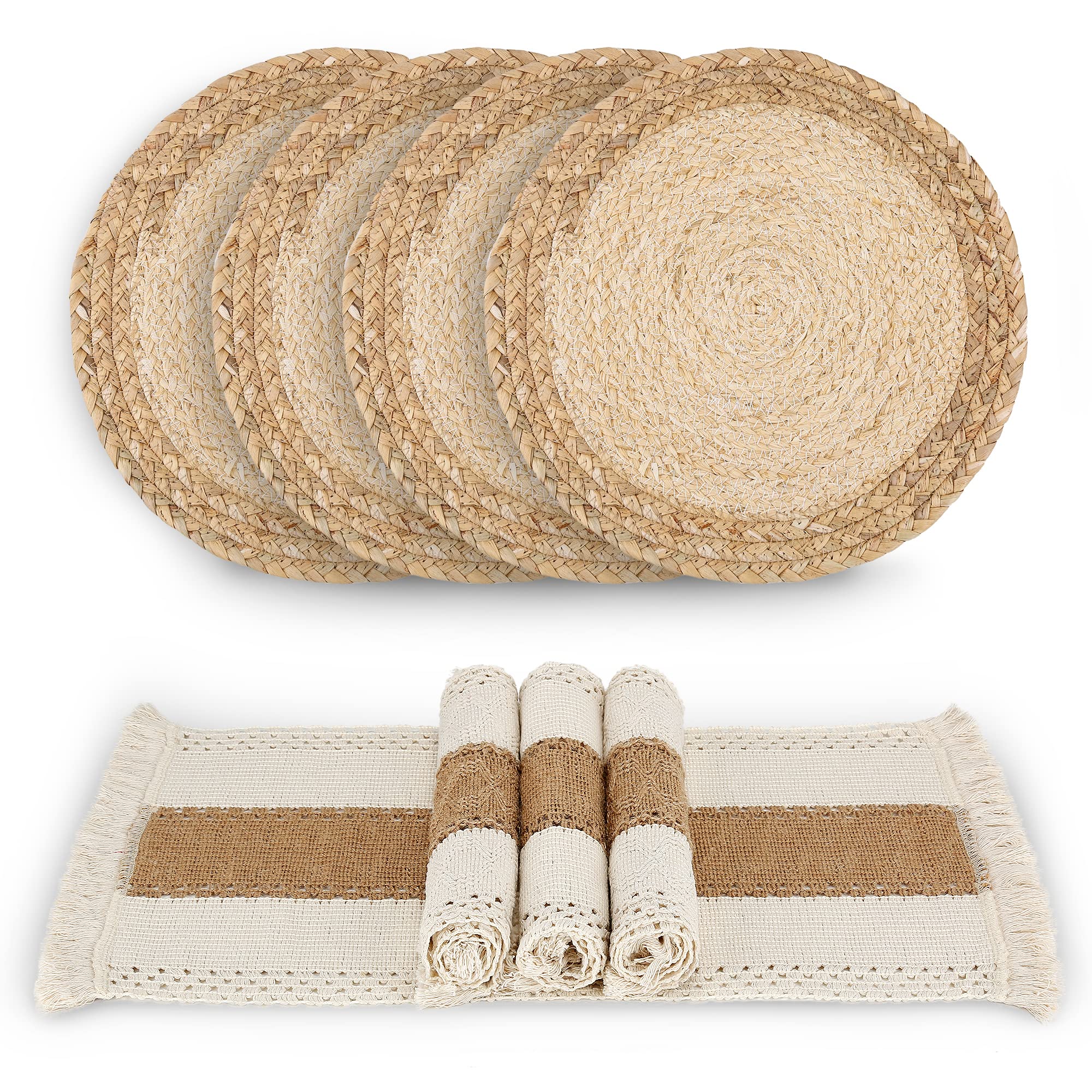 Zology Handmade Boho Placemats Set Of 4 - Natural Cotton Burlap And Water Straw Woven Combination Table Mats, Macrame D   Cor An