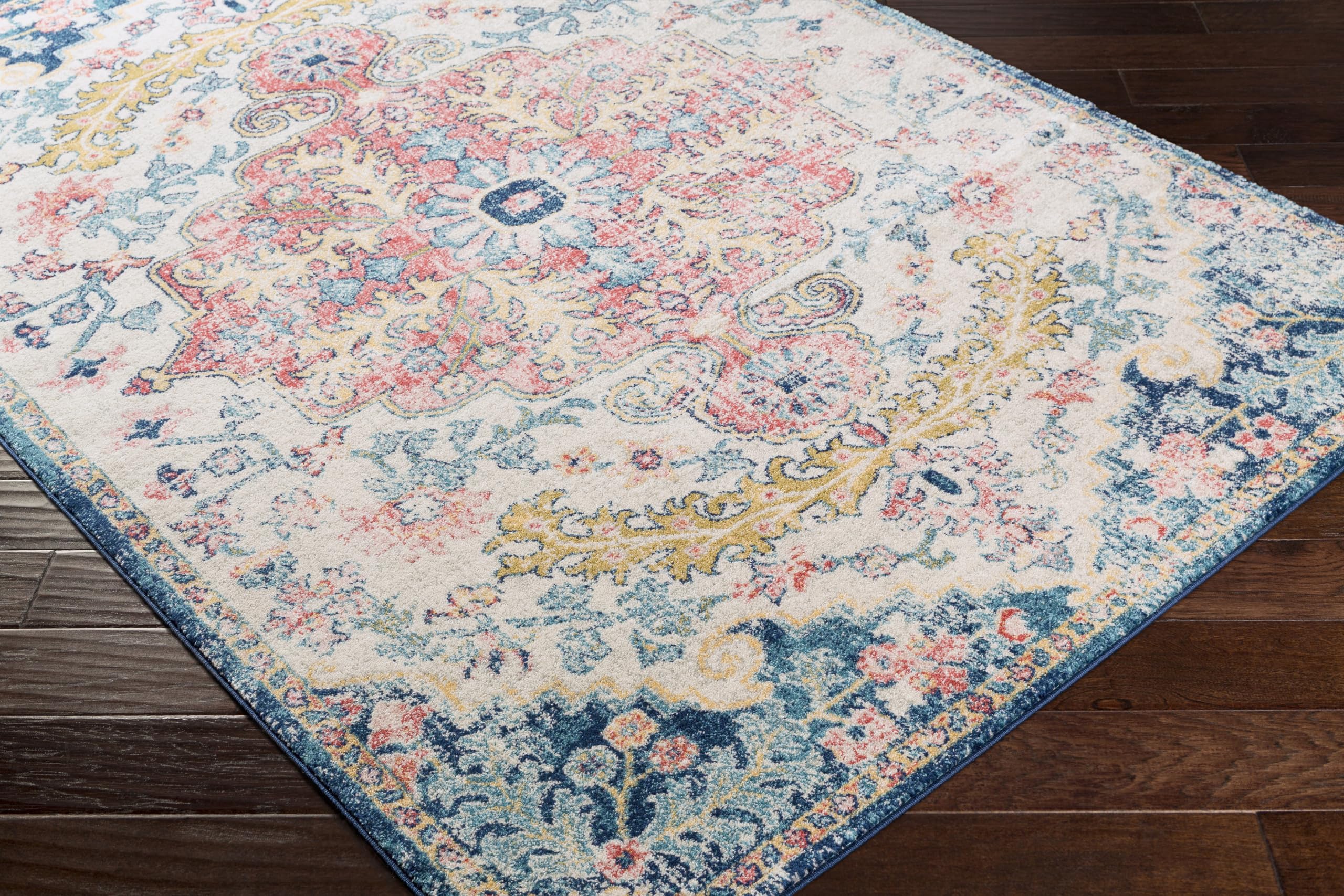 Livabliss Area Rugs - 7x7 Odelia Vintage Boho Aqua Burgandy Blue Square Area Rug for Living Room Bedroom - Floral Medallion Stai