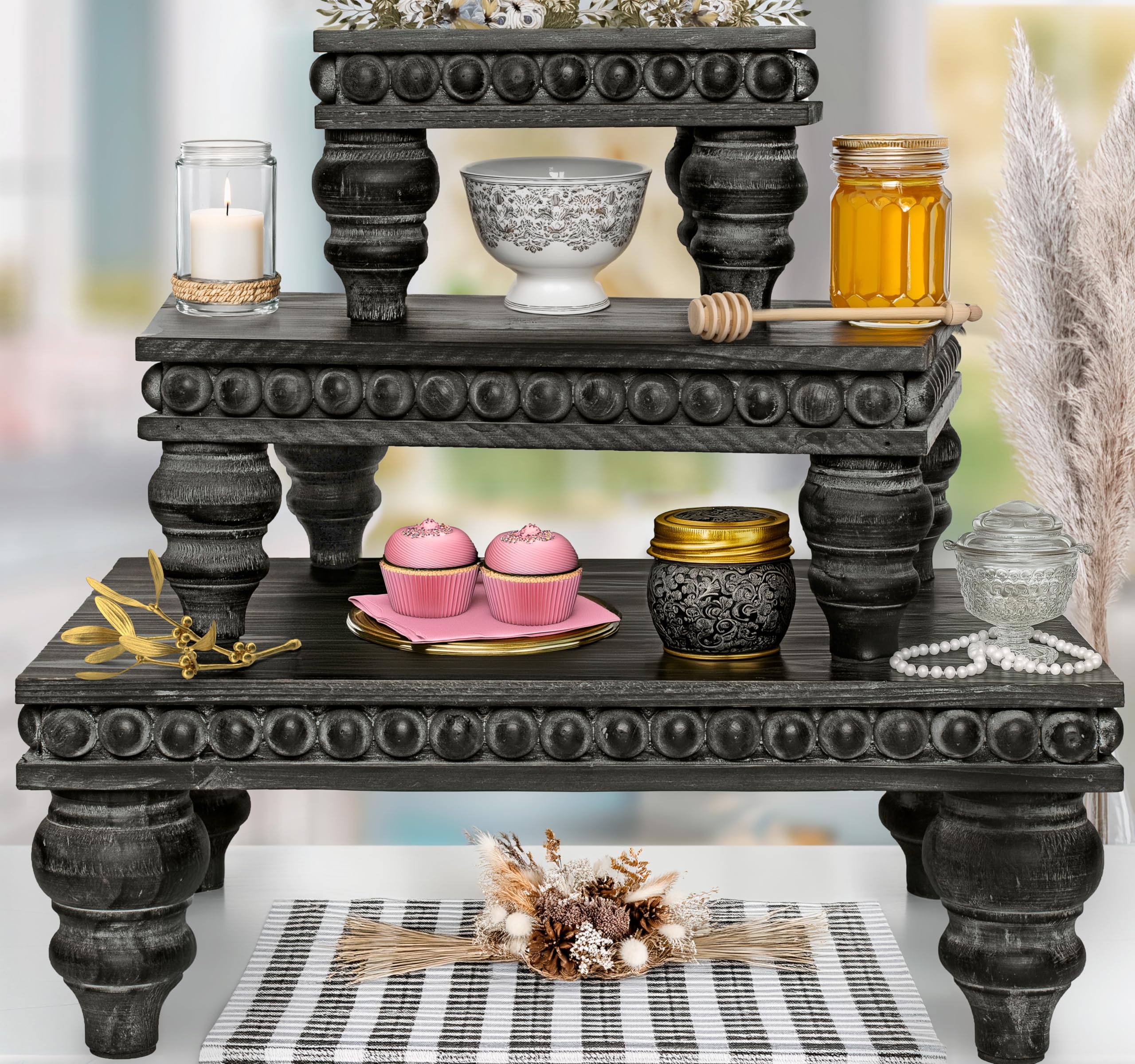 Decorative Tray [Set of 3] Wooden Tiered Tray Stand Display Risers - Tiered Tray Decor for Tabletop Use, Kitchen Island, Coffee 
