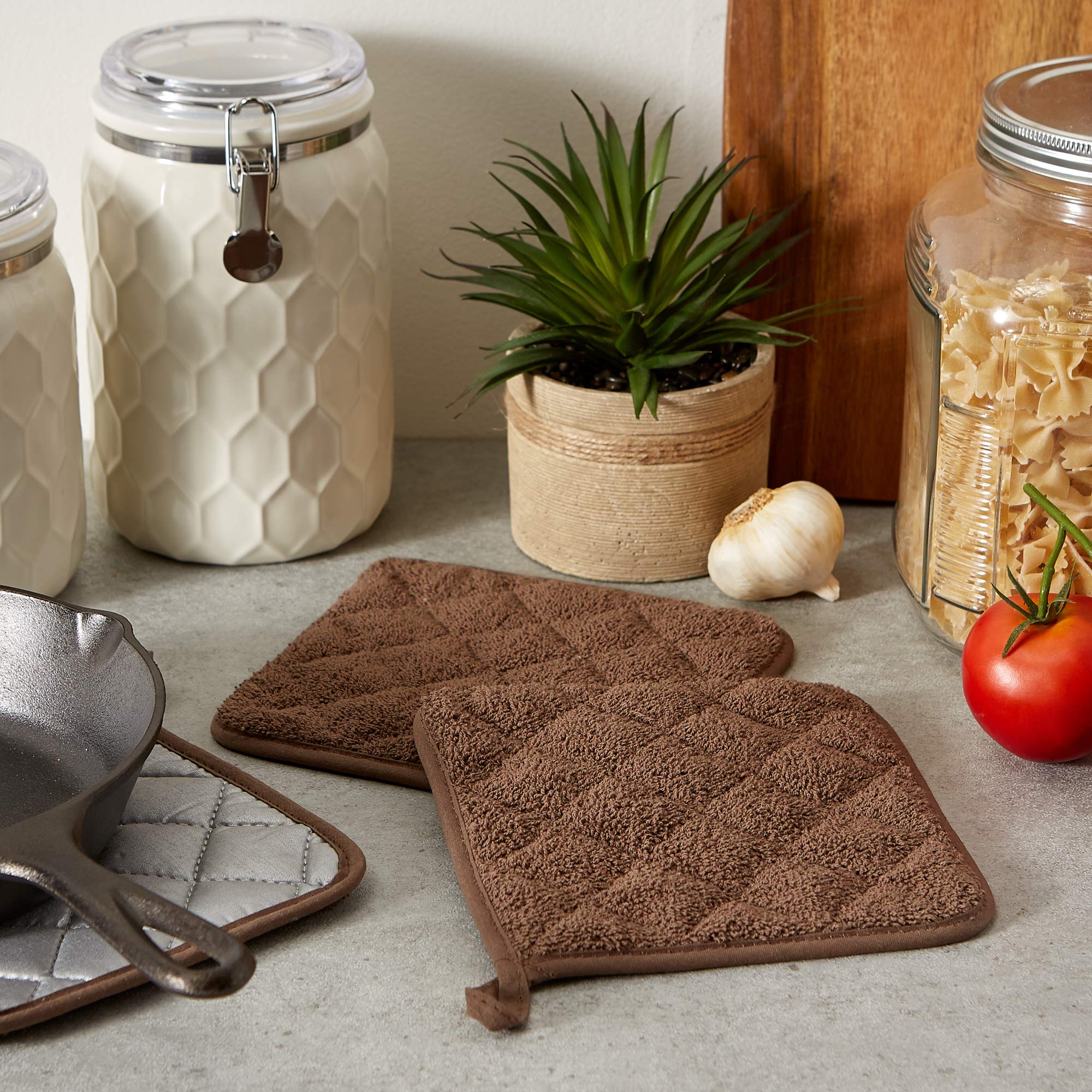 Dii Basic Terry Collection Quilted 100% Cotton, Potholder, Brown, 3 Piece