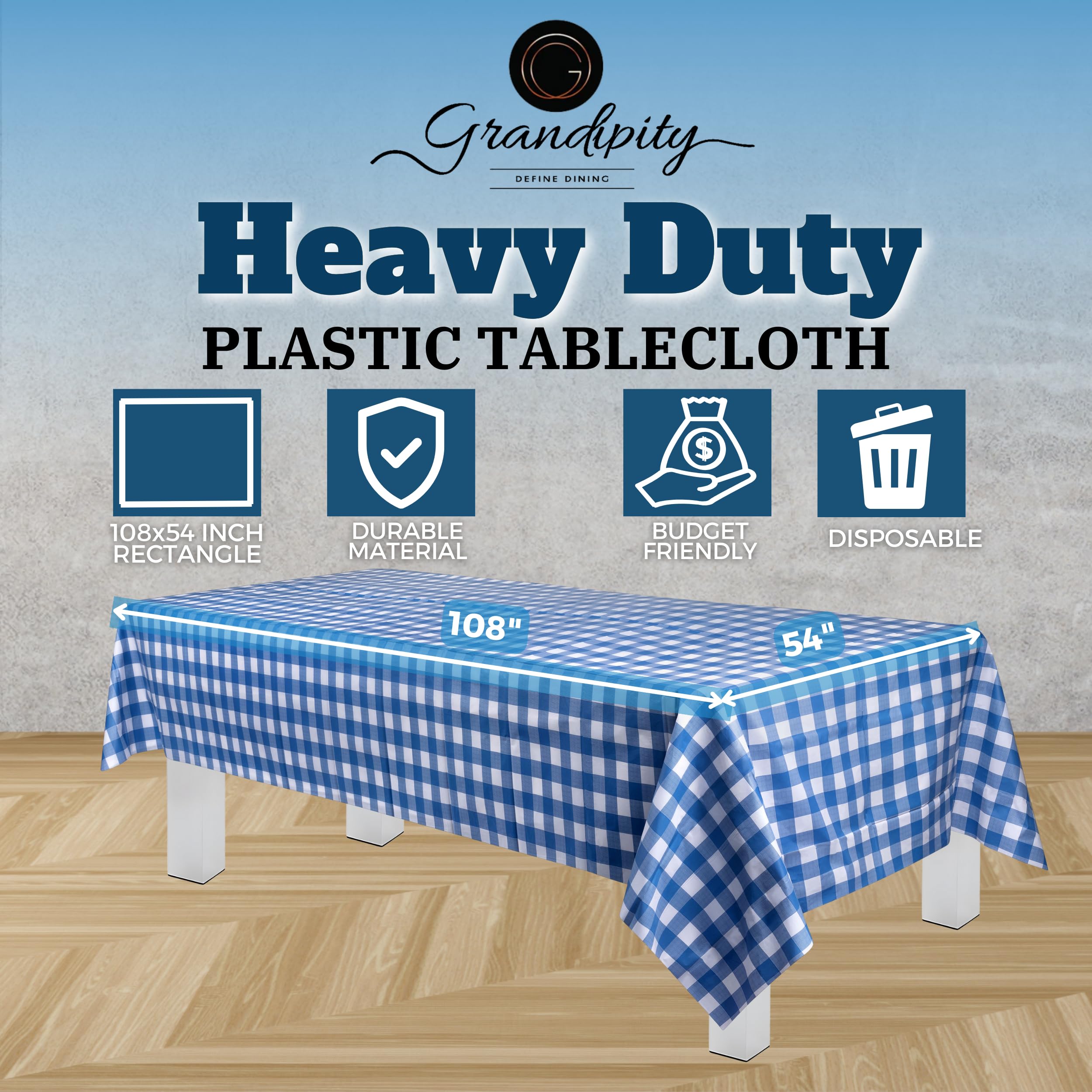 Grandipity Blue Gingham Checkered Plastic Table Cloth Disposable (6 Pk) 54In X 108In Plastic Tablecloths For Rectangle Tables -