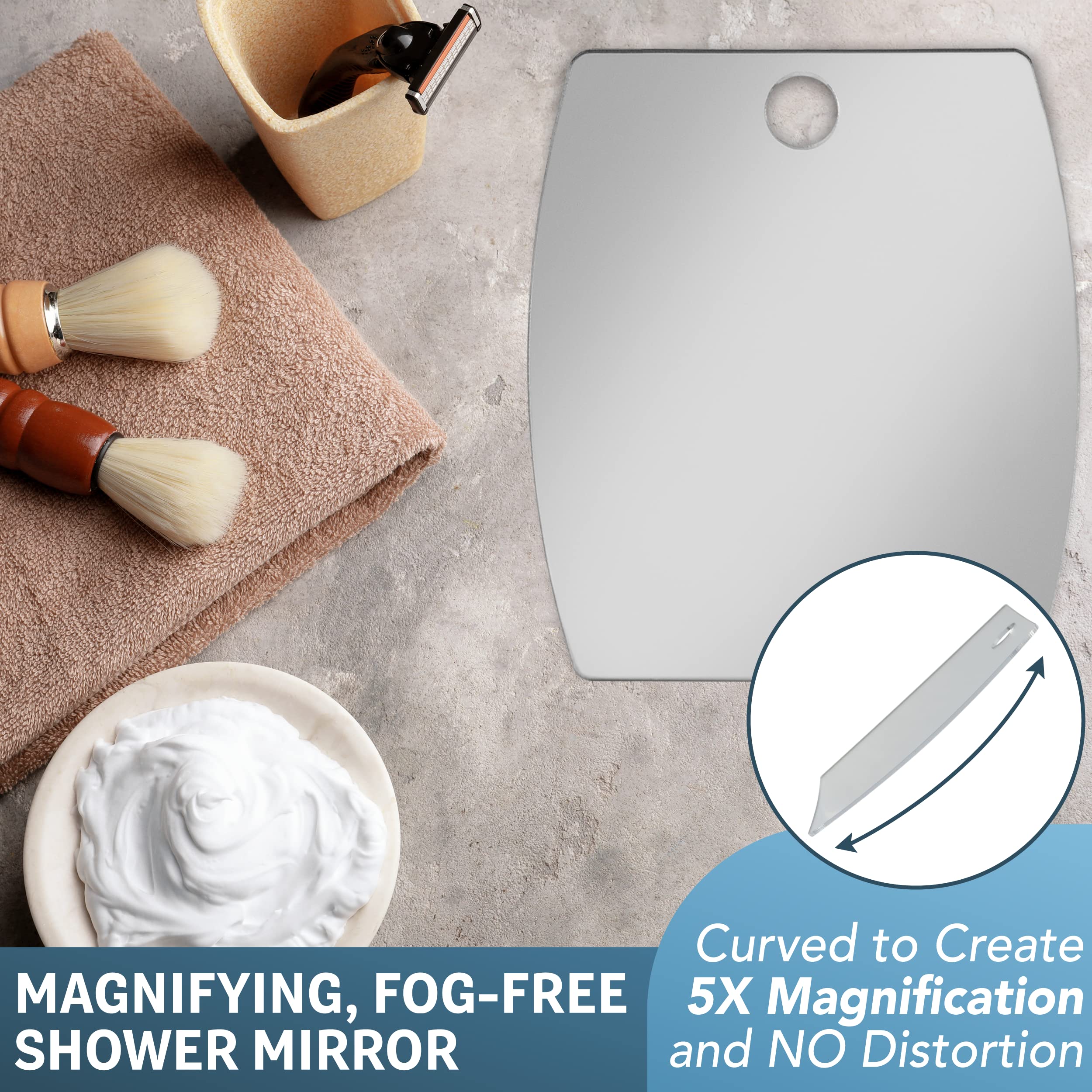 Shave Well 5X Magnified Fog Free Shower Mirror - Fogless Bathroom Shaving Mirror - for Men and Women - Large - Removable Adhesive Hook