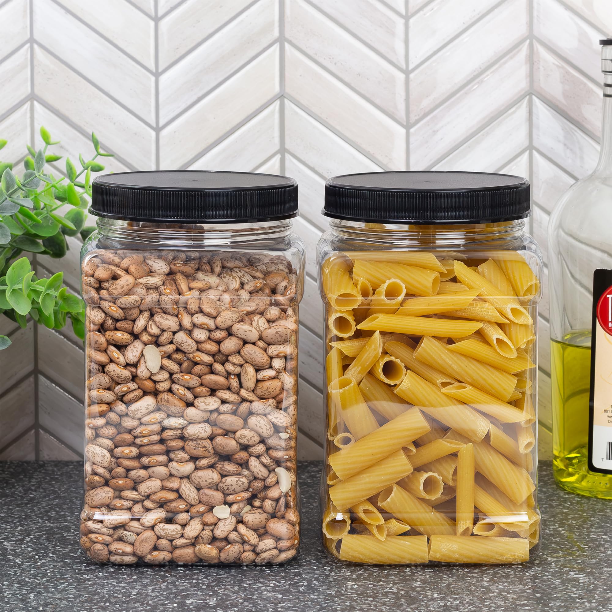 Cornucopia 48Oz Square Plastic Jars (3-Pack); Clear Rectangular 6-Cup Canisters W/Black Lids, Easy-Grip Side