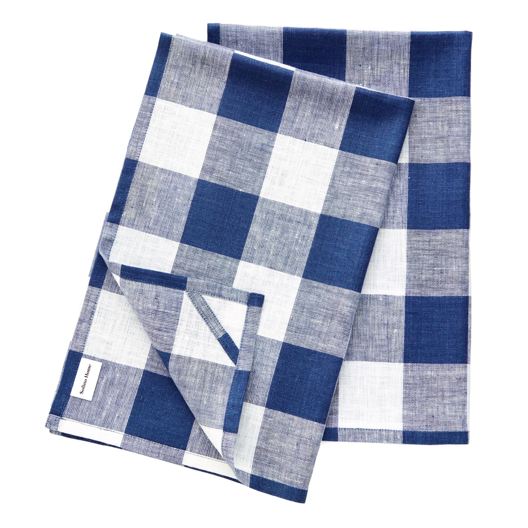 Solino Home Linen Kitchen Towels Set Of 2 - Blue And White 17 X 26 Inch - 100% Pure Linen Buffalo Check Kitchen/Tea Towels - Mac