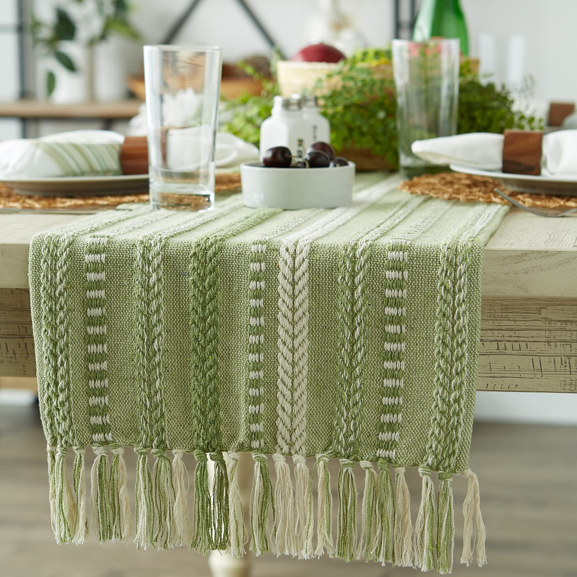 DII Farmhouse Braided Stripe Table Runner Collection  15x72 (15x77  Fringe Included)  Antique Green