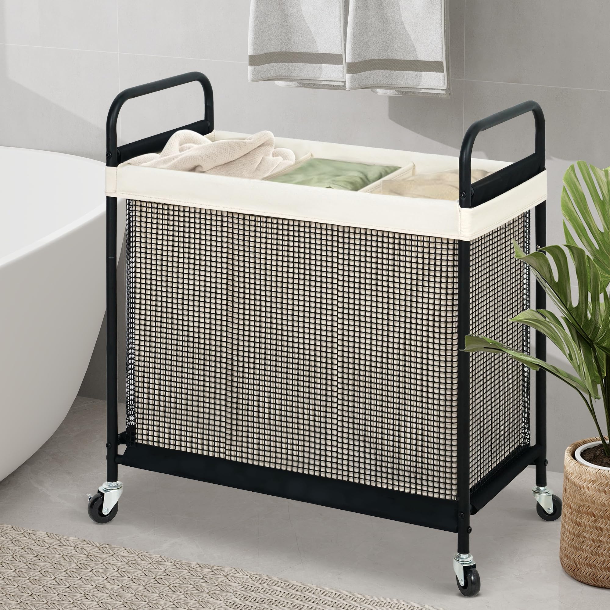 Sto Sto Laundry Hamper 3 Section, 120L Rolling Laundry Sorter Cart With Removable And Washable Liner Bag, Rolling Clothes Hamper