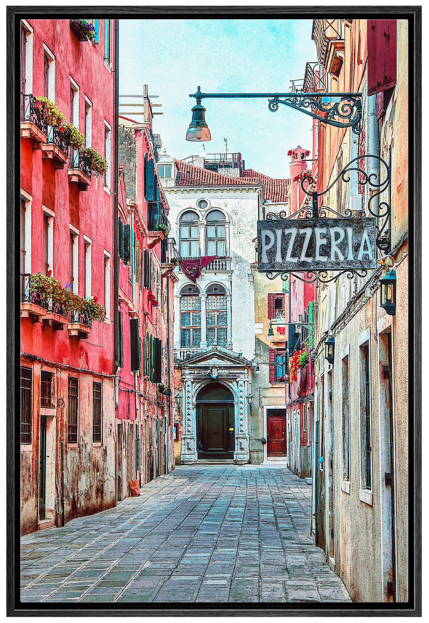 Wall26 Framed Canvas Wall Art Quaint Street In Historic Venice, Italy With Pizzeria Sign - Gallery Wrap Modern Home Art | Ready