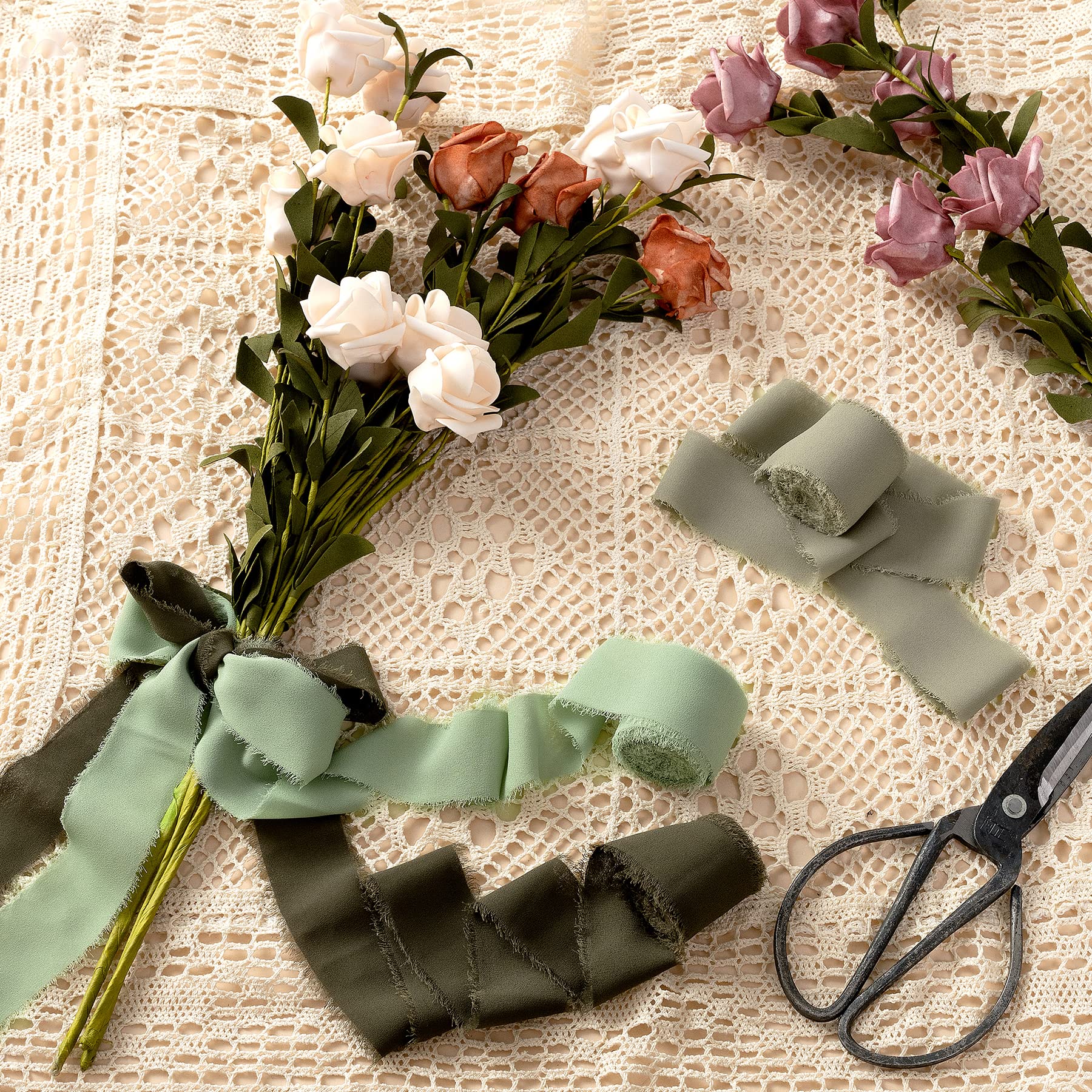 Jedia Chiffon Ribbon, 3 Rolls Sage Green Handmade Fringe Chiffon Silk Ribbons, 15 X 7Yd Ribbon Set For Gift Wrapping, Wedding In