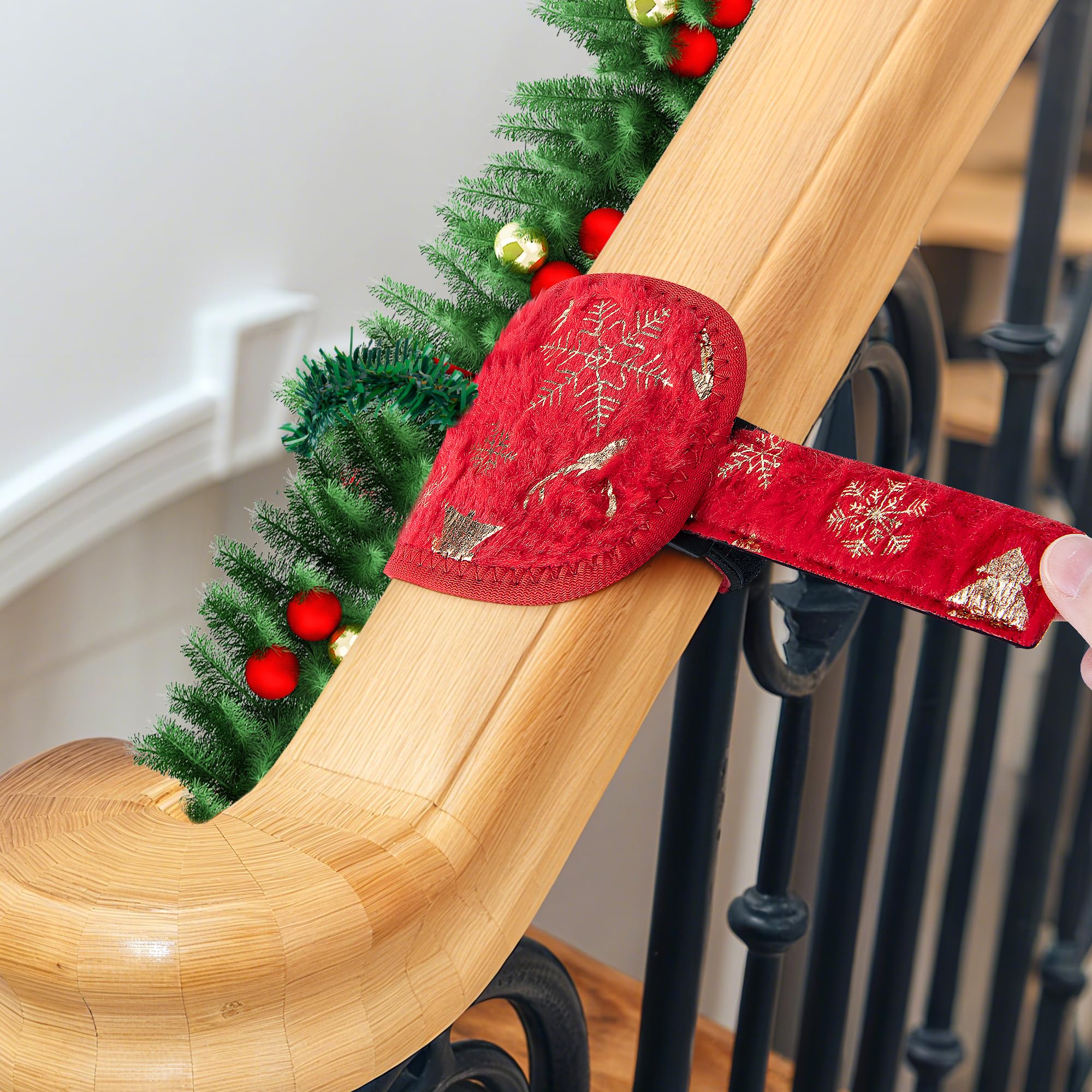 8 Pcs Railing Protection Christmas Garland Ties, Red Decorative Banister Garlands Hanger, Adjustable Banister Protective Padded