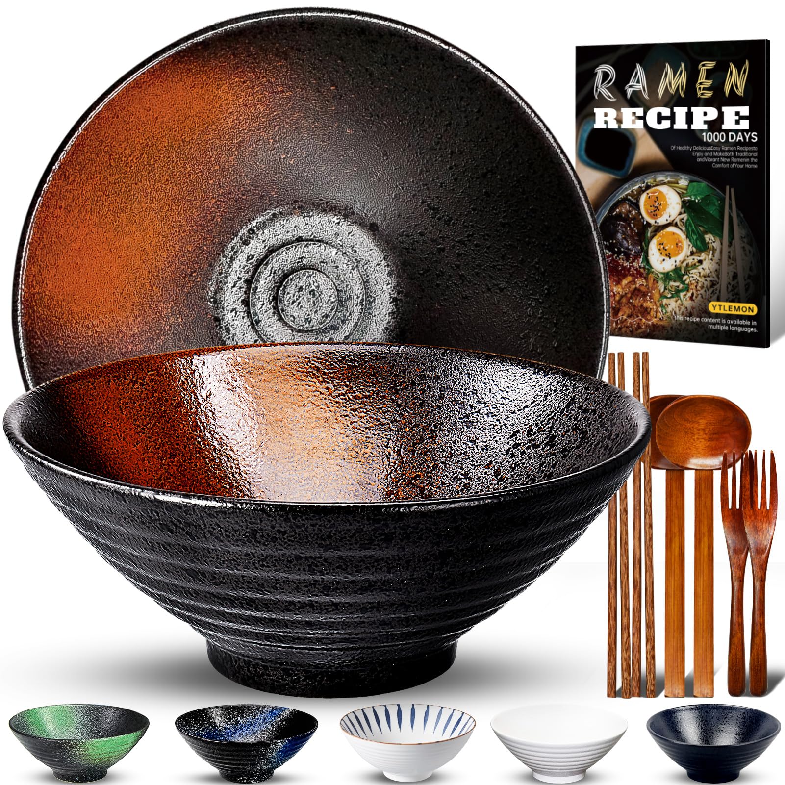 Ramen Bowls Set of ceramic  2 Sets of 34 Ounces Large Japanese Serving Bowls with chopsticks and Spoons for Pho Soup Pasta Salad  Essential Dinnerware for New Apartments Suitable as Housewarming gifts