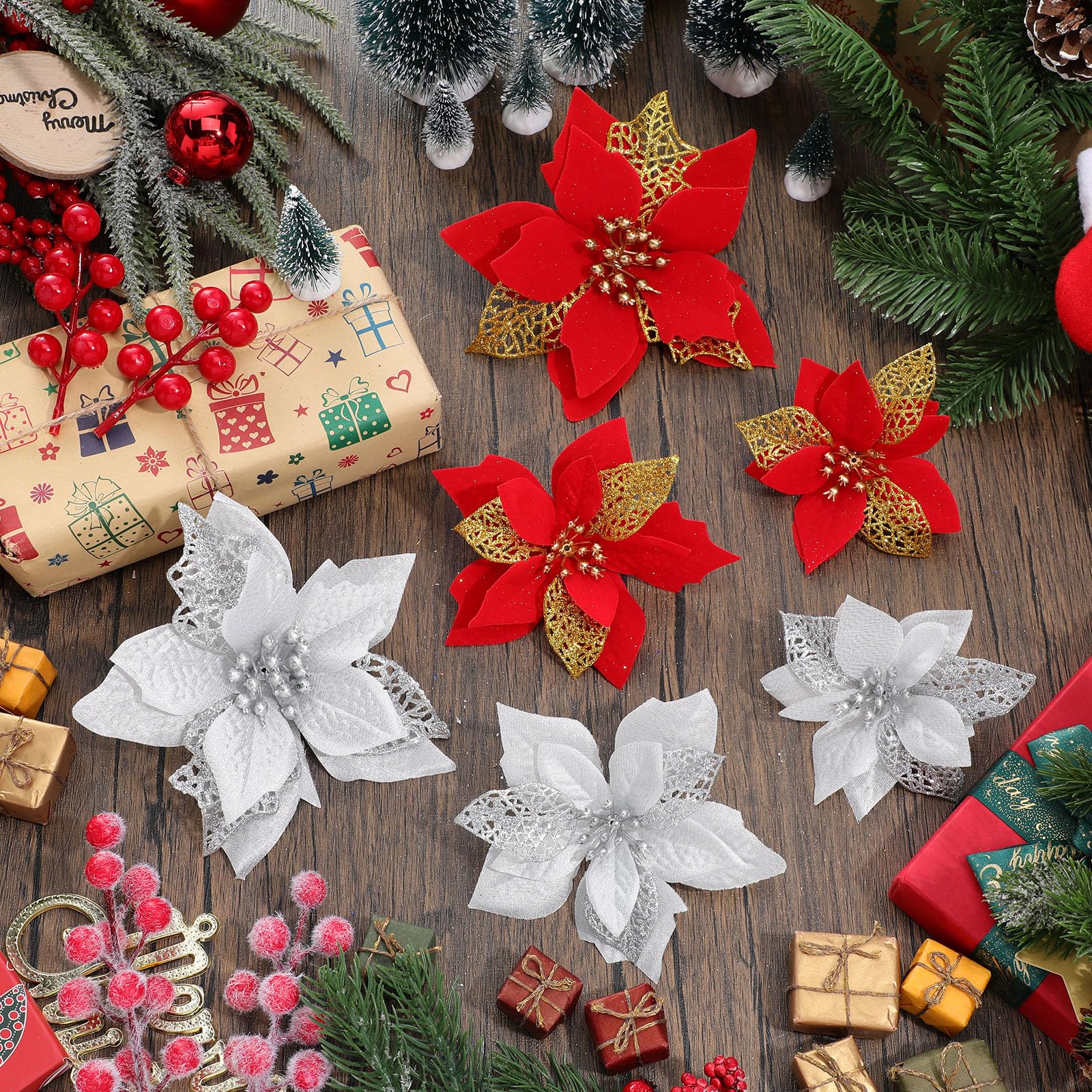 Boao 24 Pieces Christmas Artificial Glitter Poinsettia Flowers Xmas Flowers Wedding Christmas Tree New Year Ornaments(Red and Si