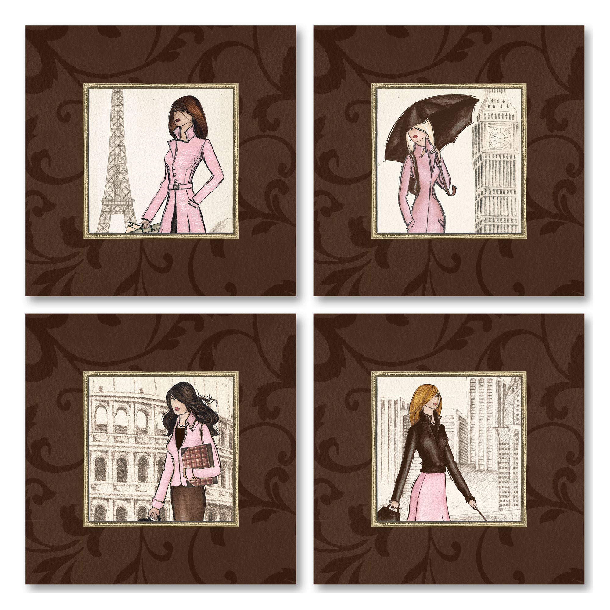 4 London Paris Roma New York Fashionista In Pink; Four 12X12 Poster Prints. Pink/Brown