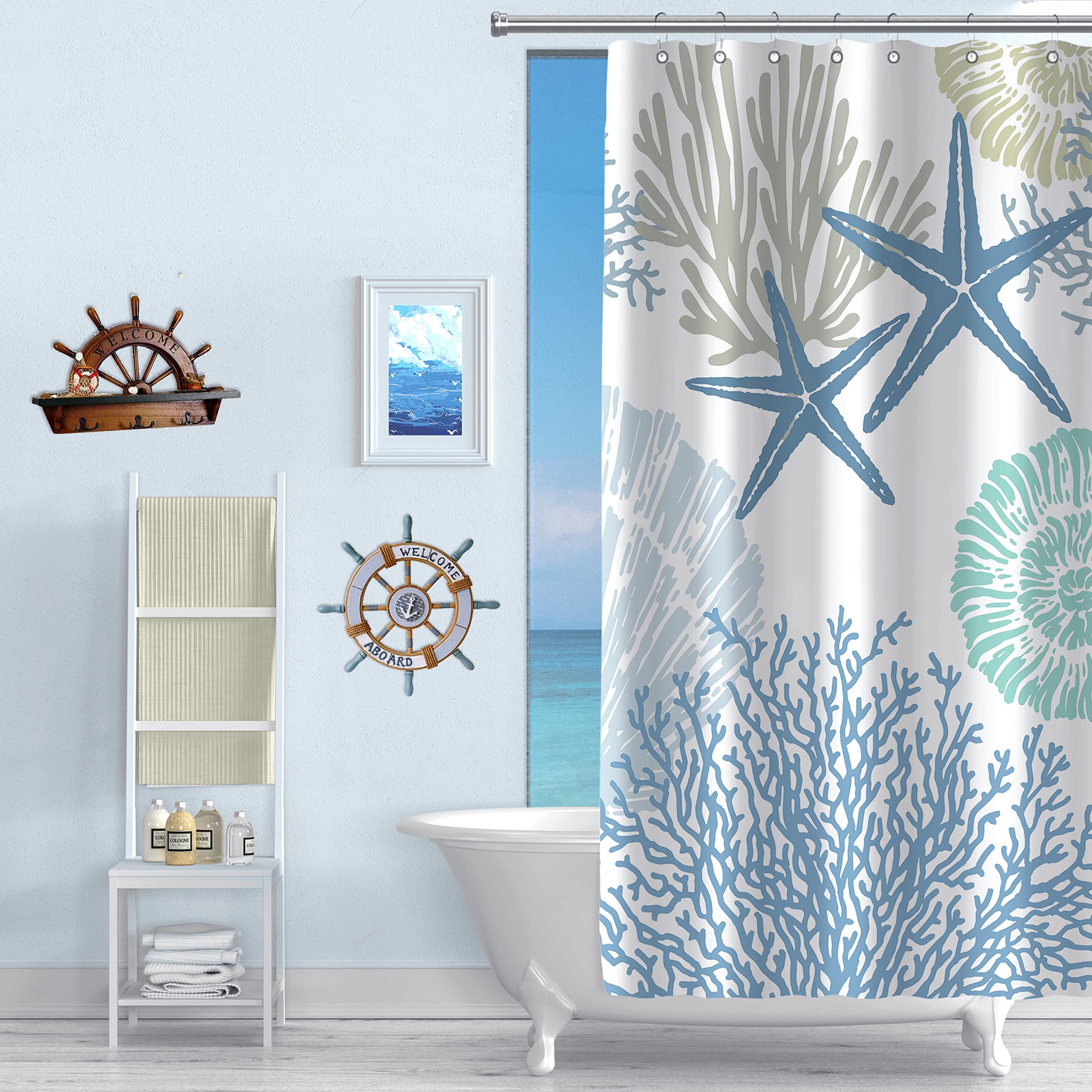 Tritard Stall Shower Curtain 36 x 72 - Small Nautical Coastal Waterproof Fabric Shower Curtains for Bathroom  Decorative Starfish Seashell Beach Themed Bath Curtain with 7 Hooks  Blue