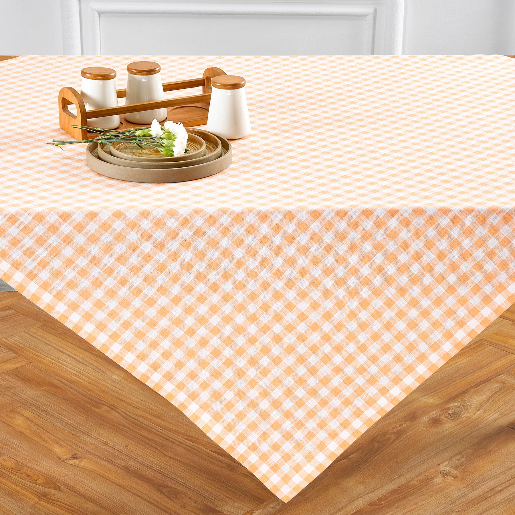 Solino Home Check Linen Square Tablecloth 52 X 52 Inch - 100% Pure Linen Sunny Orange Plaid Table Throw - Gingham Check, Machine