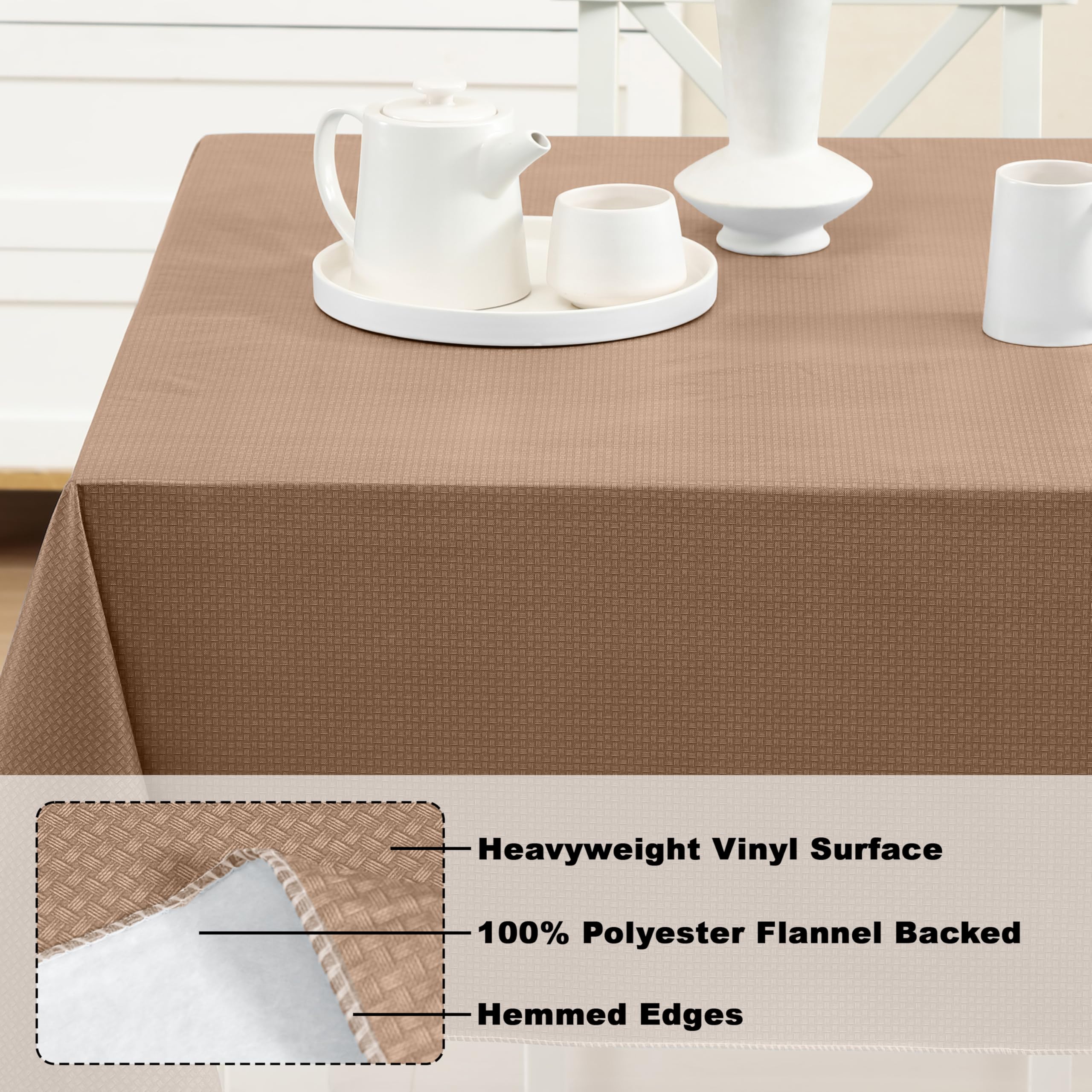 Newbridge Basketweave Solid Color Vinyl Flannel Backed Tablecloth  Basket Weave Textured Look Indoor/Outdoor Waterproof Tablecloth  Patio and Kitchen Dining  52 Inch x 70 Inch Oblong/Rectangle  Taupe