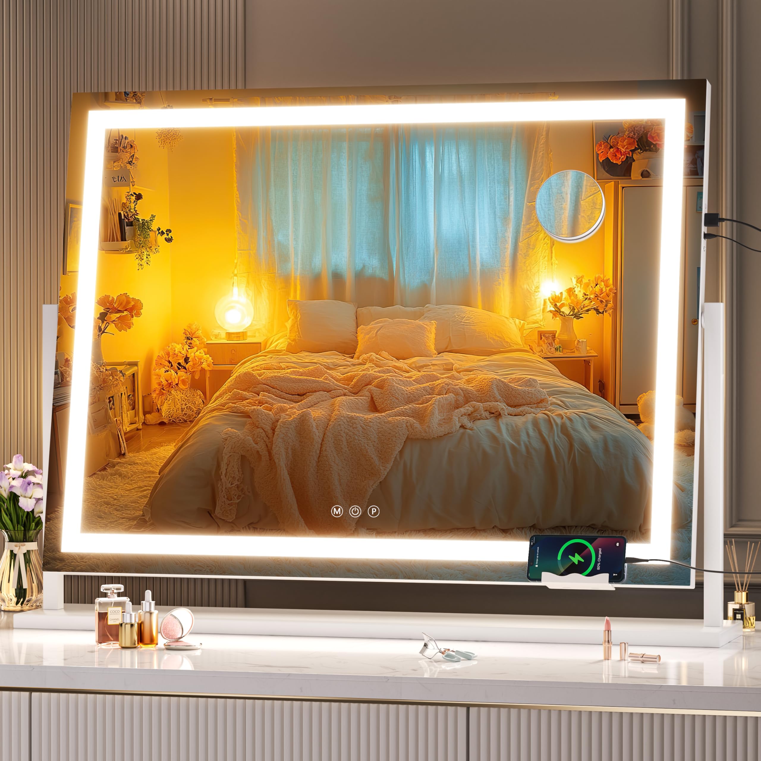 Hasipu Vanity Mirror With Lights, 32'' X 24'' Led Makeup Mirror, Light Up Mirror With 10X Magnification And Phone Holder, Usb Ch