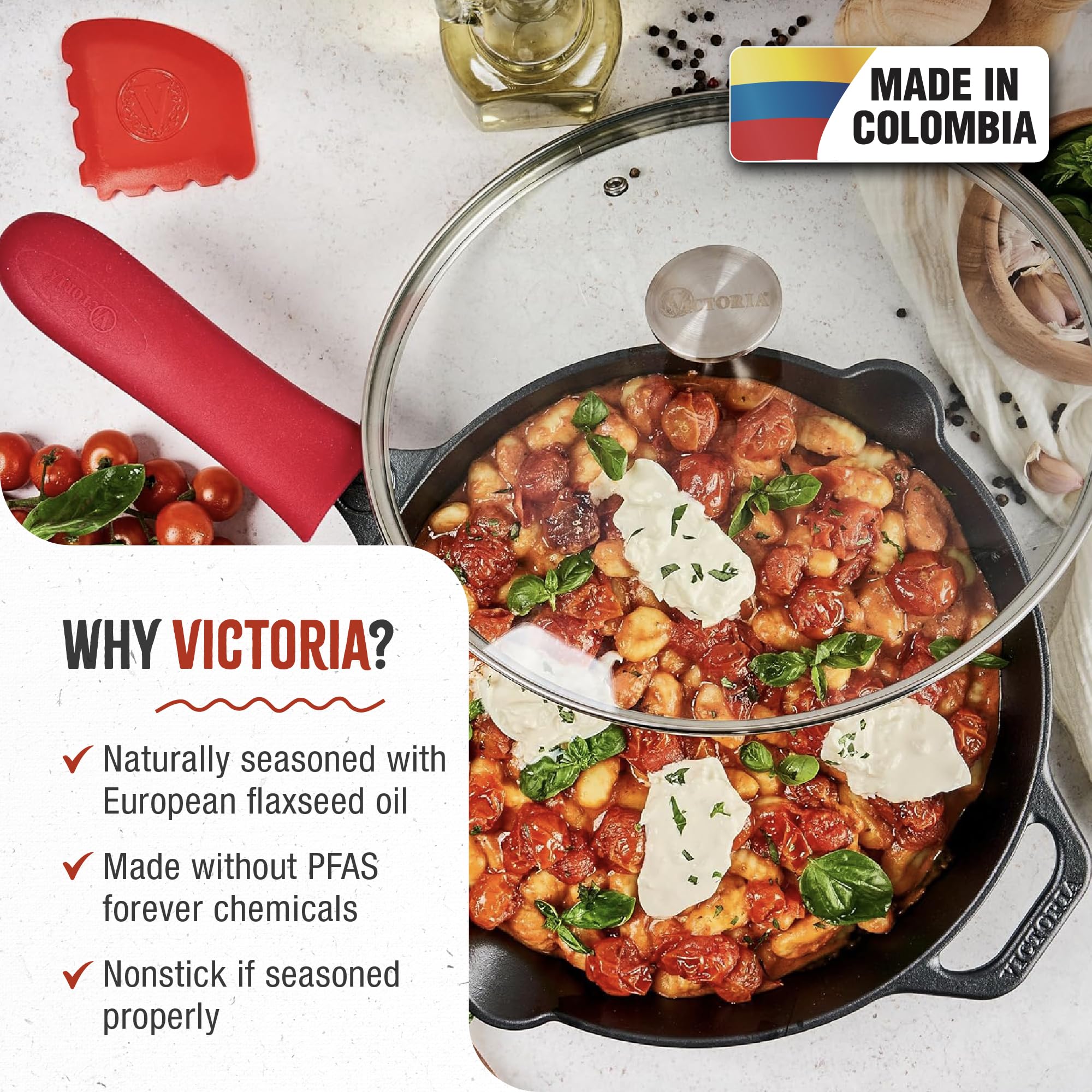 Victoria 12-Inch Cast Iron Skillet Set With Tempered Glass Lid, Large Handle Cover, And Pan Scraper