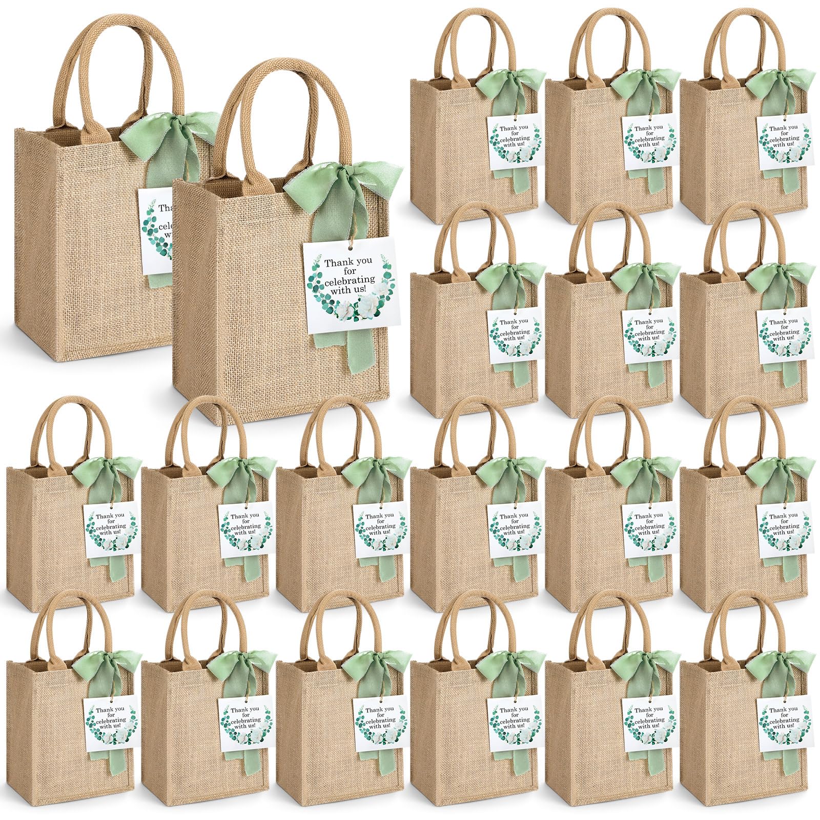 Glicraft 20 Pack Burlap Tote Bags With Handles Reusable Jute Gift Bags Thank You Gift Tags Chiffon Silk Ribbons For Wedding Invi