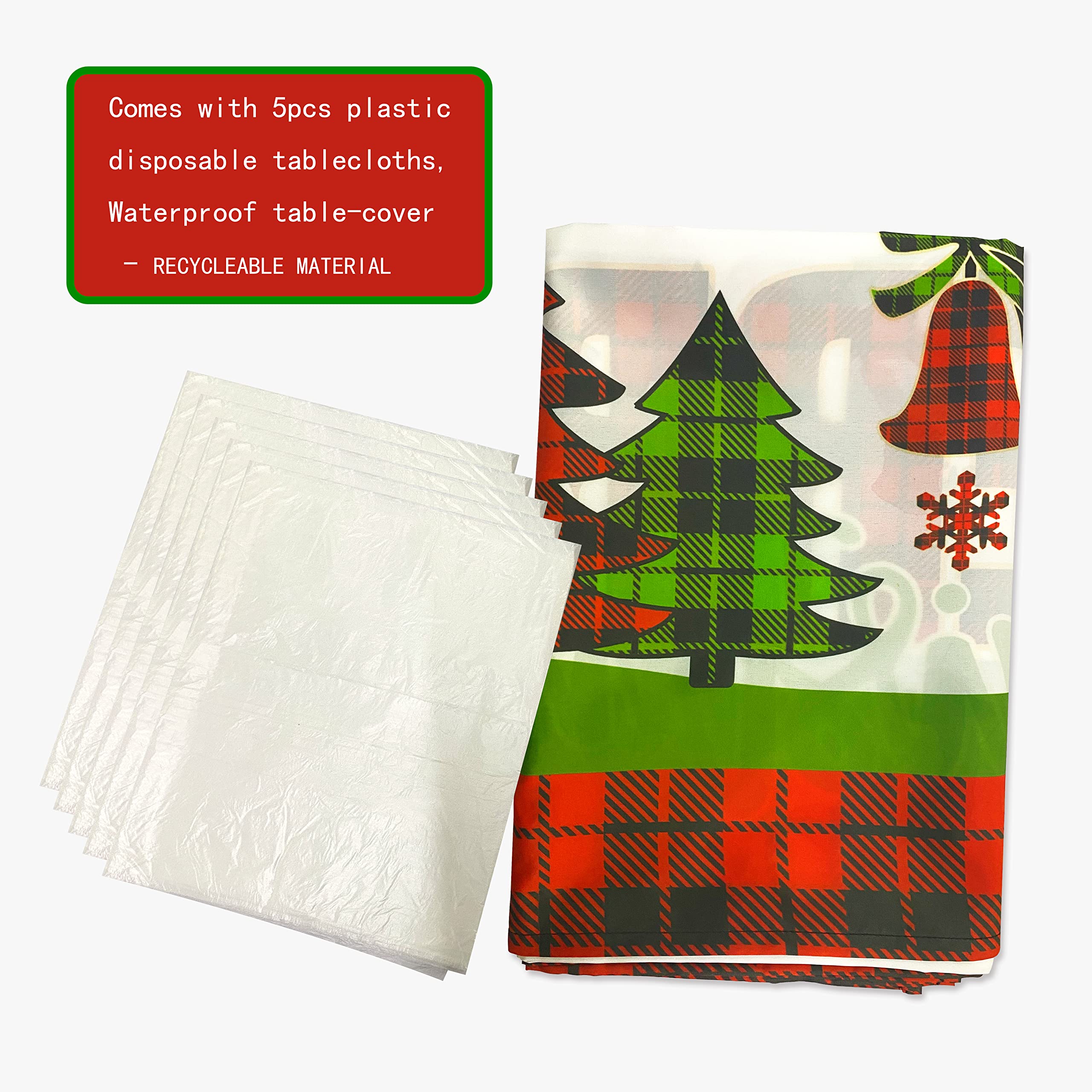 Pinkblume 4.3X9Ft Christmas Tablecloth Rectangle Buffalo Plaid Xmas Tree Red Truck Joy Merry Christmas Sign Reindeer Snowflake H