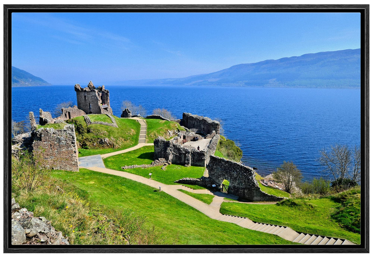 Beautiful Scenery Landscape Of Ruins Of Urquhart Castle Along Loch Ness Scotland - Framed Canvas Art Wall Art - 16''X24'' Black