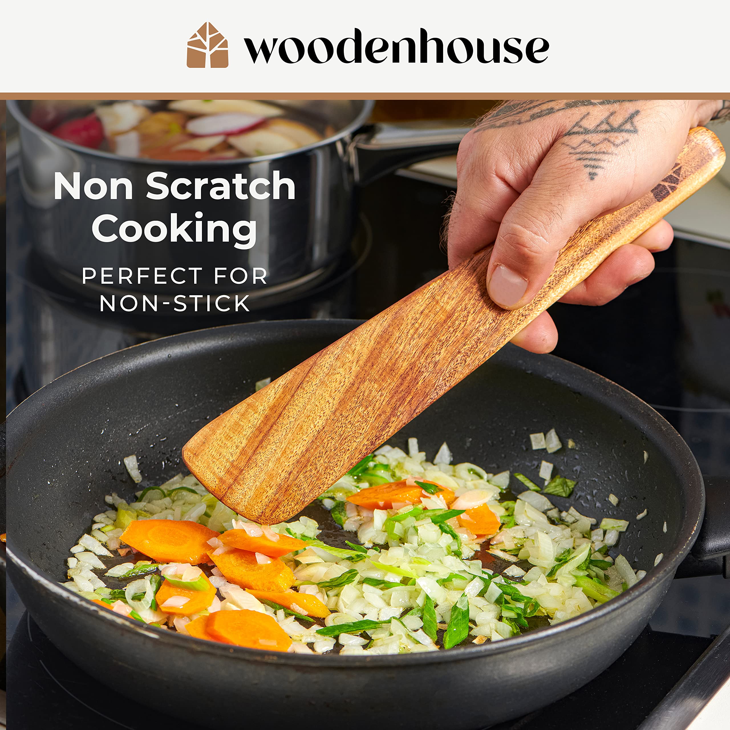 Wooden Spatula for Cooking  Kitchen Set of 4  Natural Teak Wooden Utensils including Paddle  Turner Spatula  Slotted Spatula and Wood Scraper. Nonstick cookware.