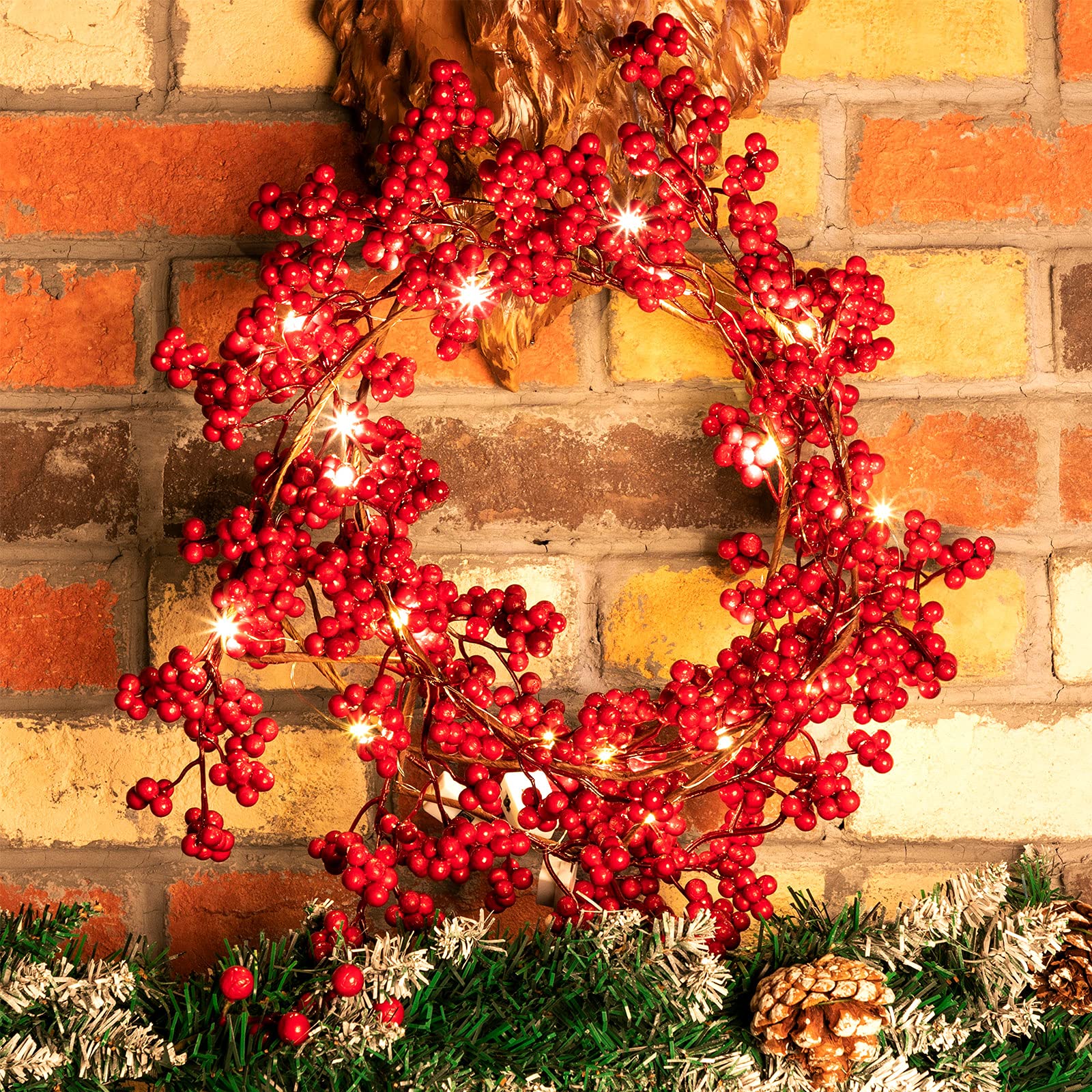 Syhood 1 Piece Christmas Red Berry String Garland Artificial Lighted Berry Garland for Xmas Winter Valentines Day Holiday Firep