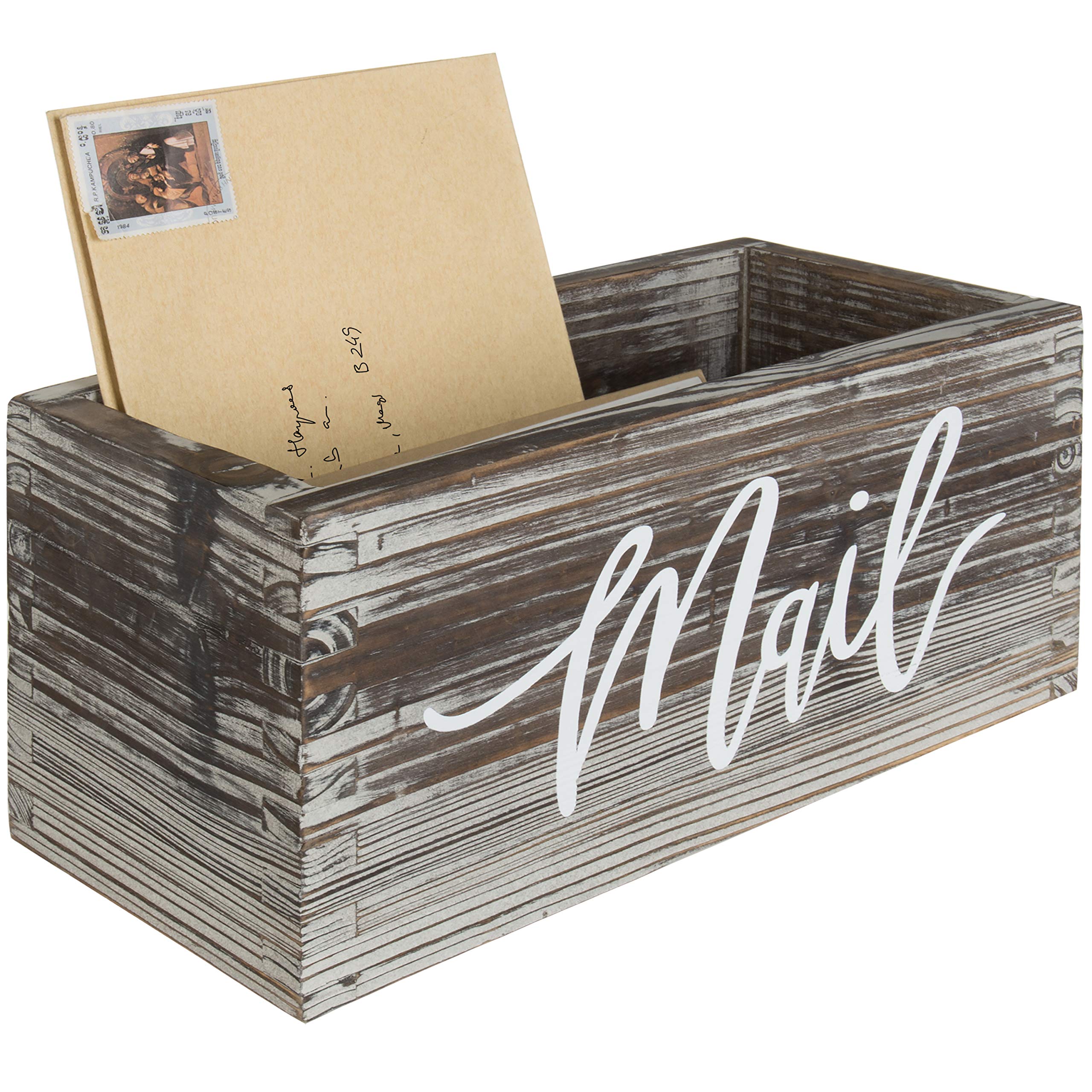 MyGift Mail Holder Storage Organizer Box Torched Wood with MAIL Script Design, Desktop Letters, Bills, Notes and Postcard Bin fo