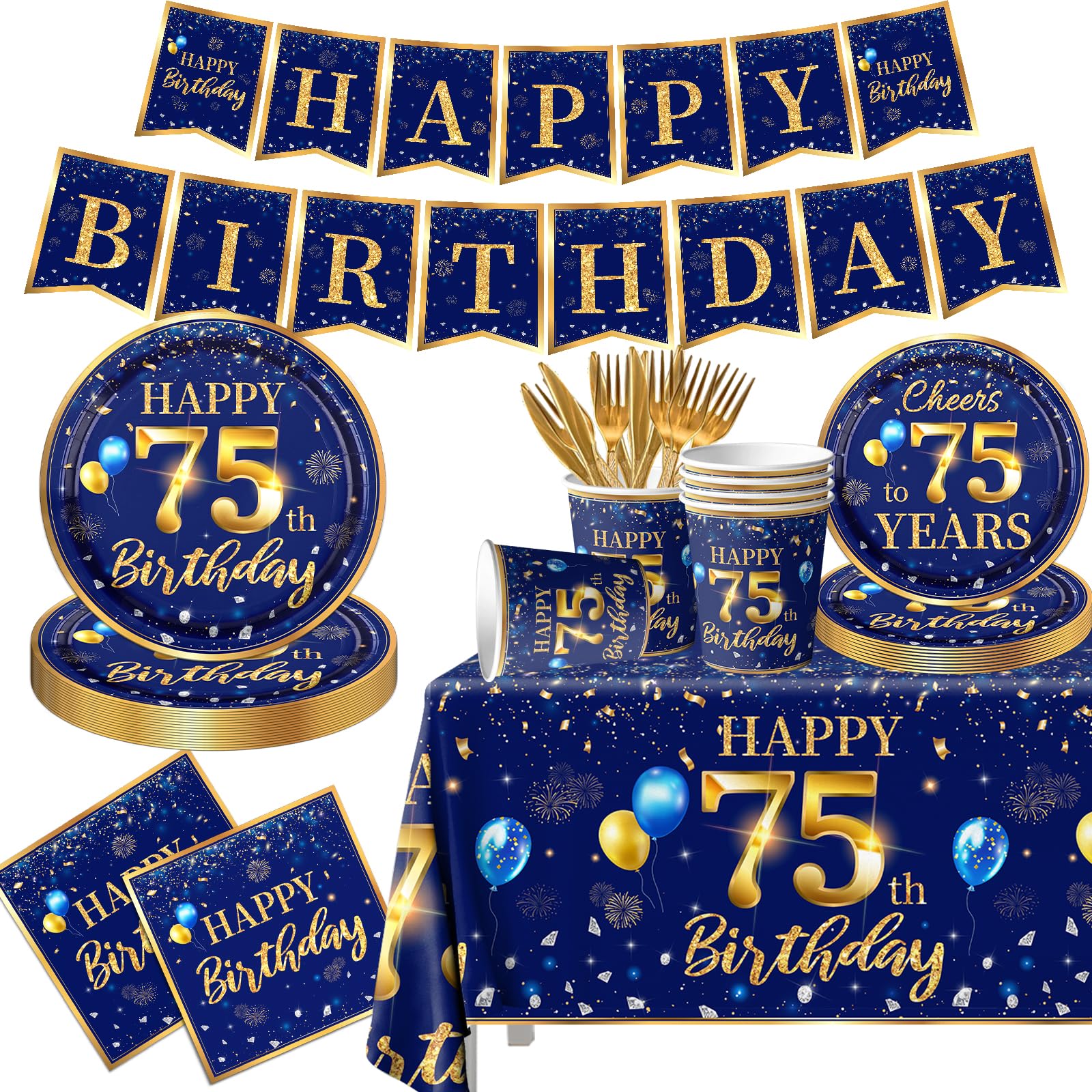 75Th Birthday Decoration Men-142Pcs Navy Blue And Gold Birthday Tableware Set(Serve For 20) Include Happy 75Th Birthday Banner P