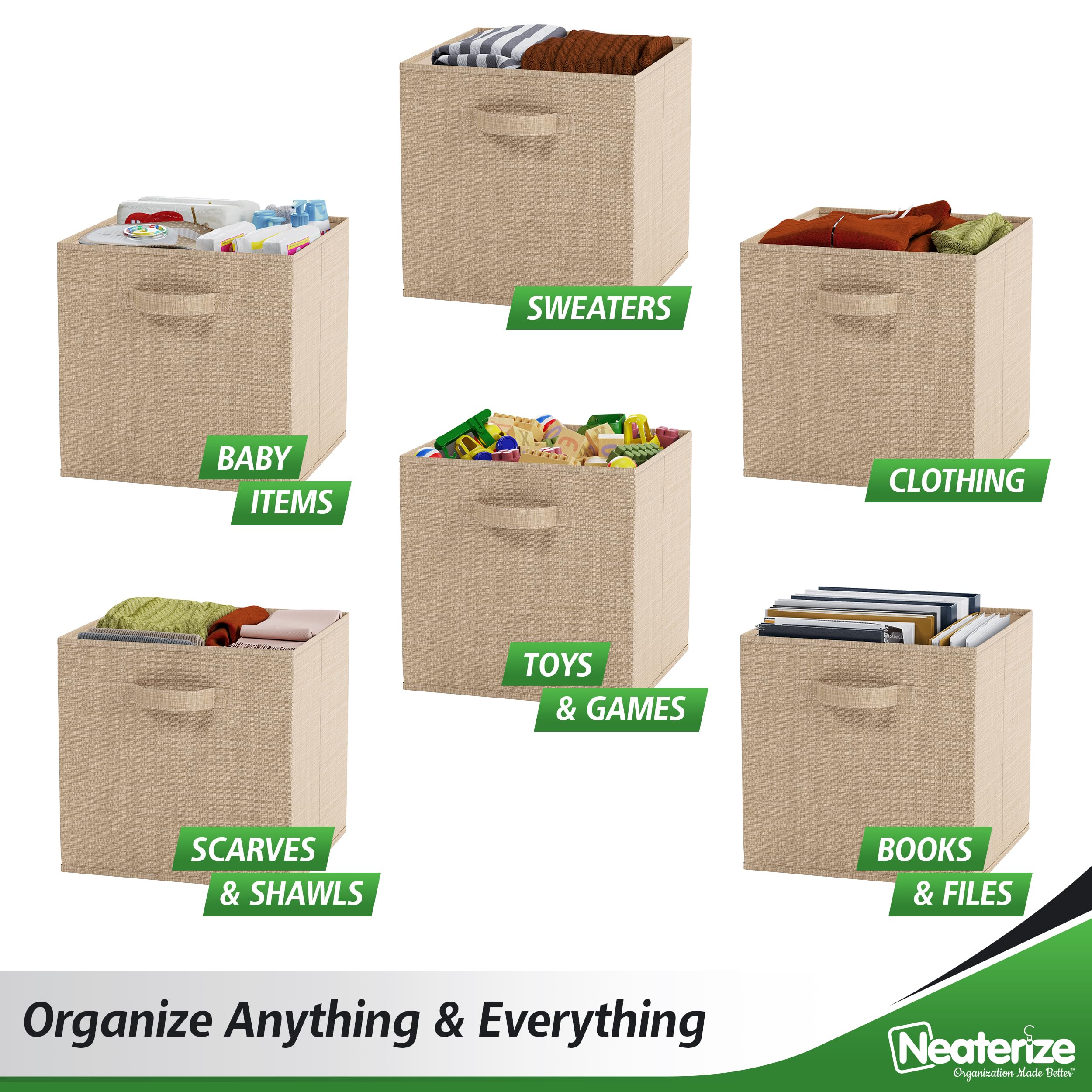 Fabric Storage Cubes For Cube Organizer - 6 Pack Heavy Duty Textured Beige Storage Bins - 13 Inch Cube Storage Bin, Use As A Clo